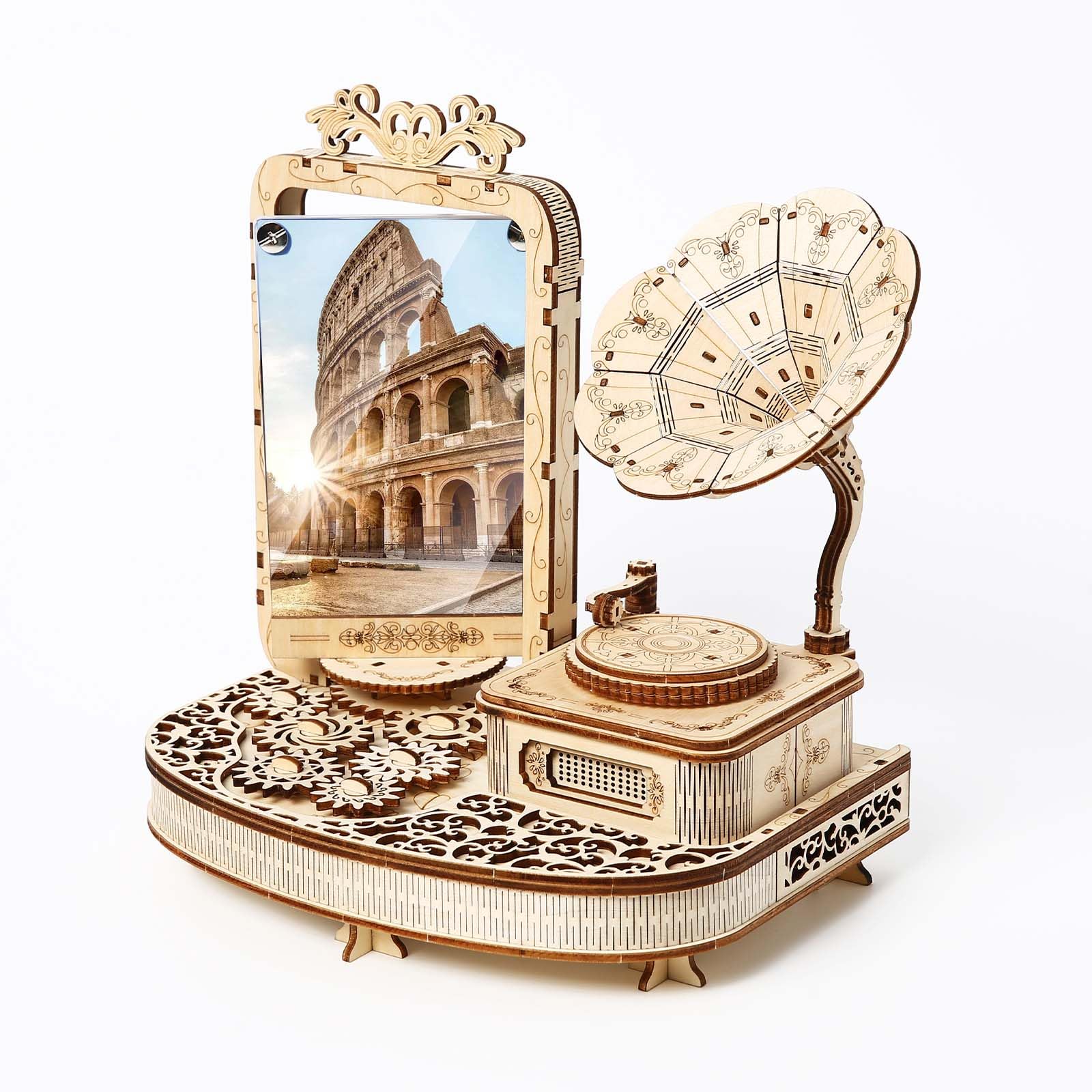 Drewniane puzzle 3D dla dorosłych, model 3D, fonograf, mechaniczny zestaw modelarski, z ramką na zdjęcia 5 x 3,5, model vintage, zestaw do majsterkowania, kolekcje, prezenty, 169 elementów