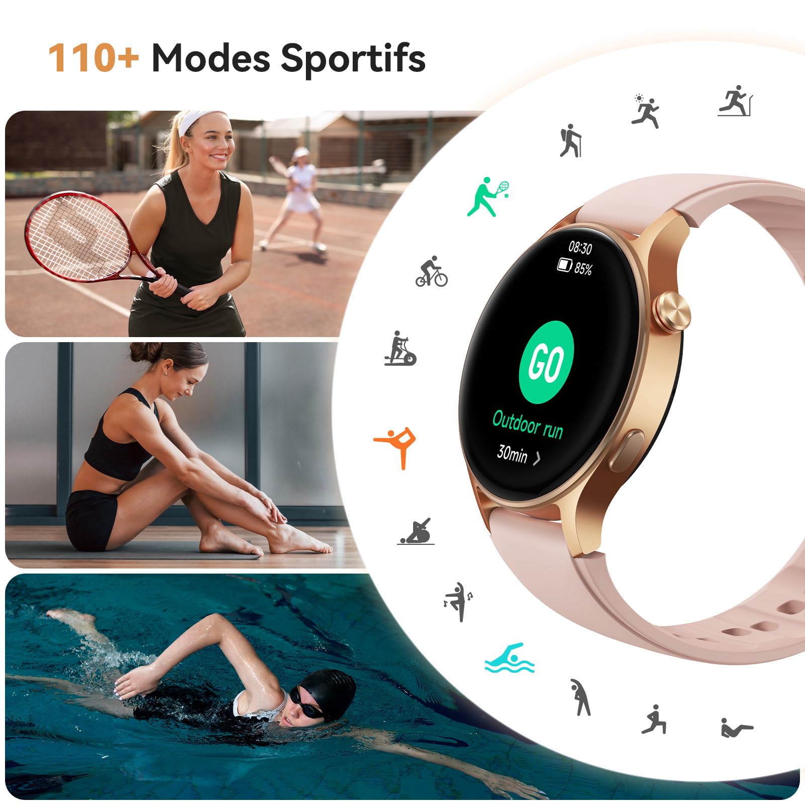 Montre Connectée Femme avec Appel,1.32" AMOLED Smartwatch Femme Always-on Display Fonction,120+ Modes Sport/Fréquence Cardiaque/Sommeil/SpO2,Montre de Fitness Podomètre Calories Android iOS
