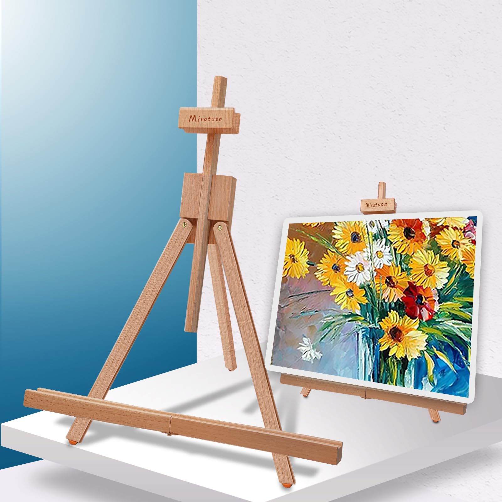 Miratuso Painting Easel, Folding Wooden Tabletop Easel Stand Holds Highest to 22" Canvas, Portable Desktop Easel Suitable for Artists, Beginners, Students