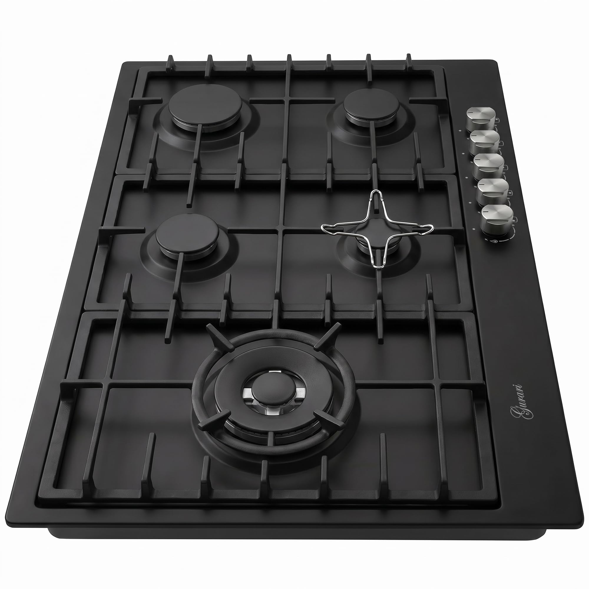 Gurari Gaskochfeld 90 cm GCH FB 905 BL • Autarkes Gas Kochfeld Schwarz Emaille • 5 Gasbrenner mit 4,0 kW WOK Brenner • DEFENDI Flat Brenner • Gusseisen Topfträger • Erdgas & Propangas