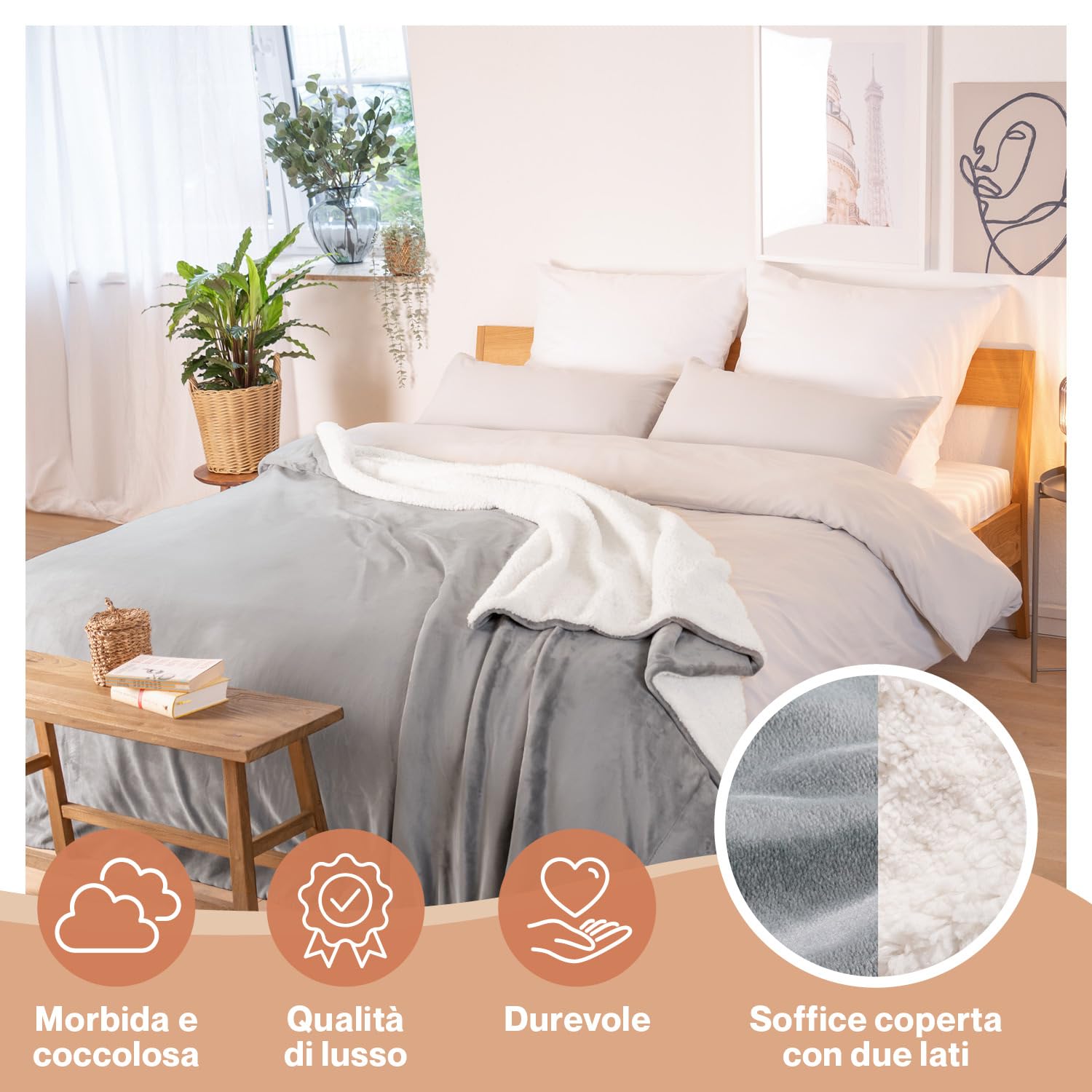 Blumtal Coperta Matrimoniale Sherpa - Coperta Pile - Plaid Divano Super Morbida - Coperta Plaid Matrimoniale Sherpa di Alta Qualità Certificata OKEO-Tex - 230 x 270 cm - Grigio