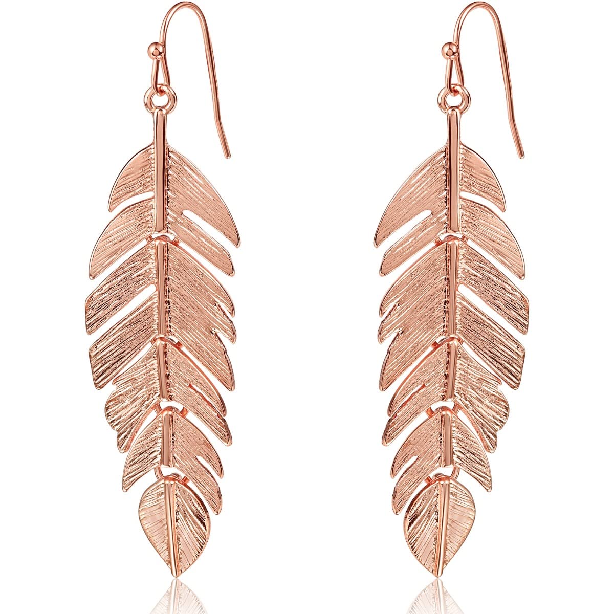 Leaf Earrings for Women - Long Hanging Boho Feather Earrings Plated in Gold, , or Rose Gold Tone: Rose Gold