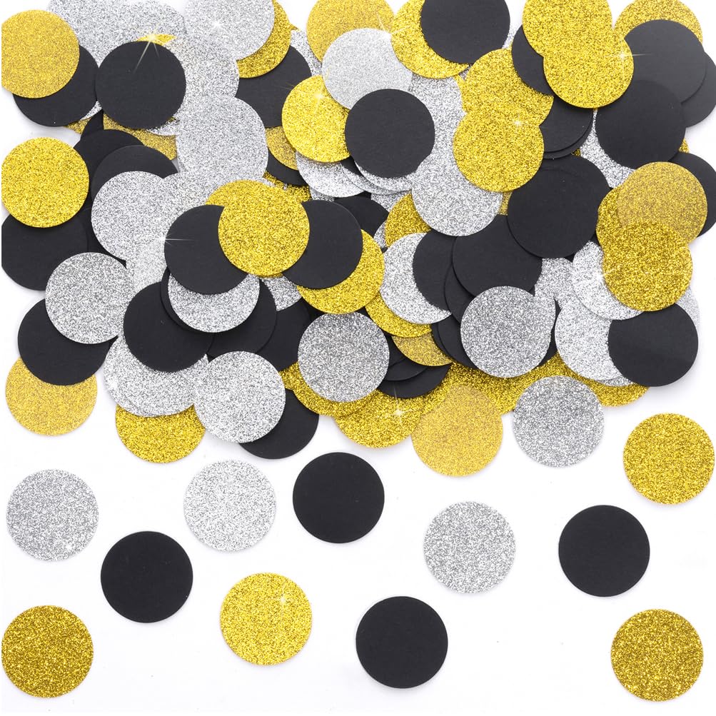 MOWO Gold Black and Silver Confetti Table Decoration, 1.2'', 200pc