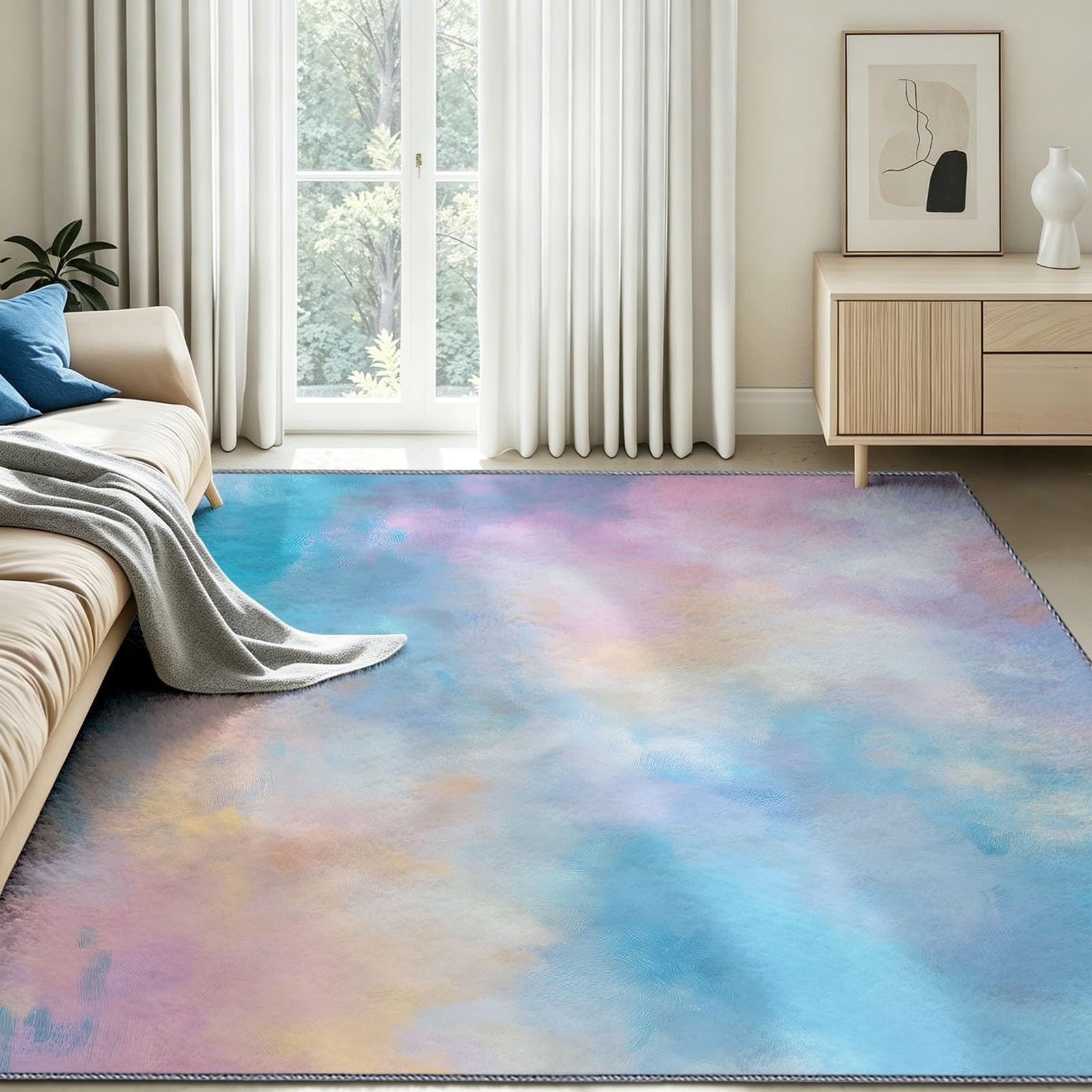 Tapis Salon Féerique 180 x 240 cm Nuage Brume Dégradé Lavable en Machine Rug | AntidéRapant Poil Ras, pour Salle de Bains, Chambre, Salle à Manger et Cuisine, Bleu