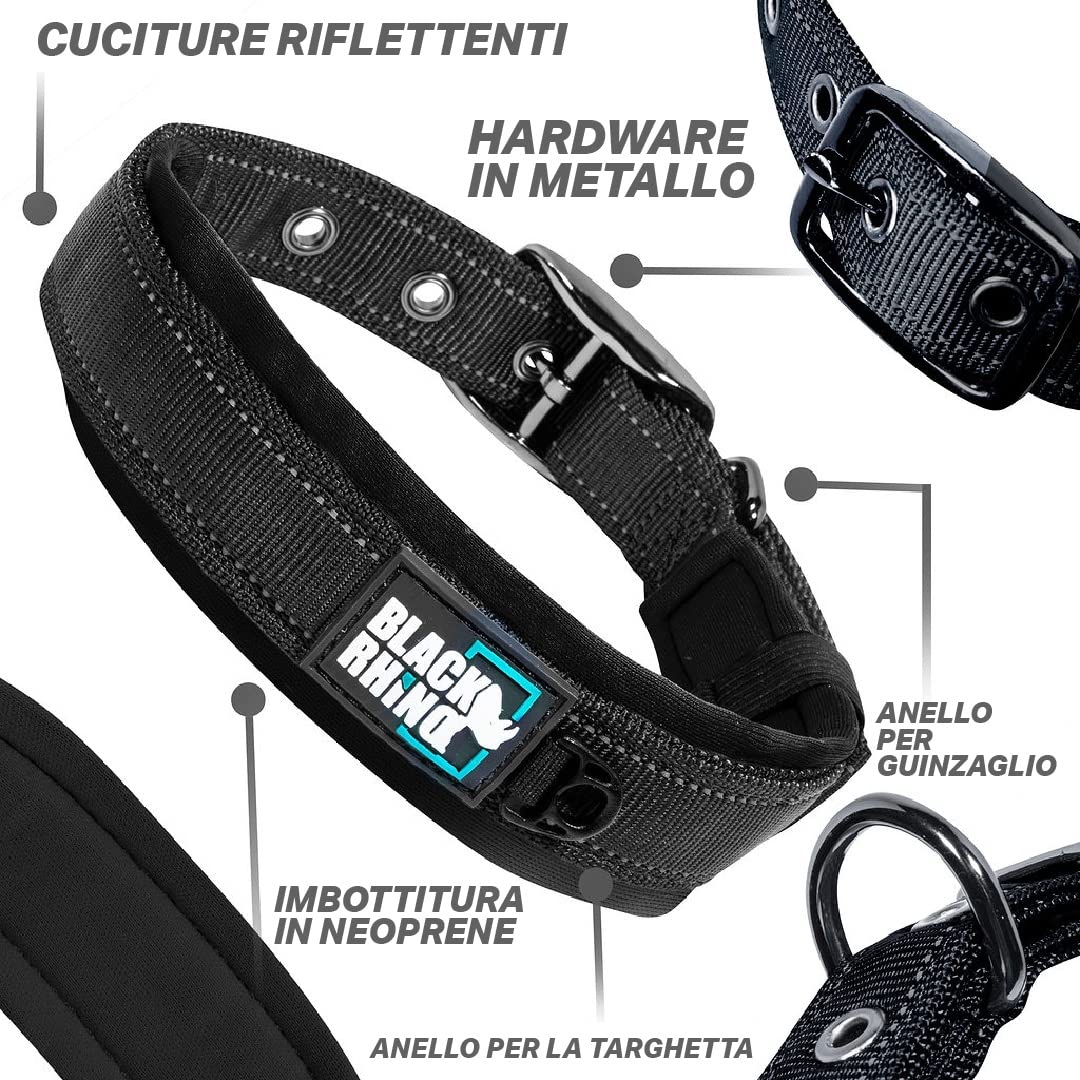 Black Rhino il comfort collare ultra molle del neoprene imbottito collare di cane per tutte le razze heavy duty regolabile riflettente resistente agli agenti atmosferici (large, nero)