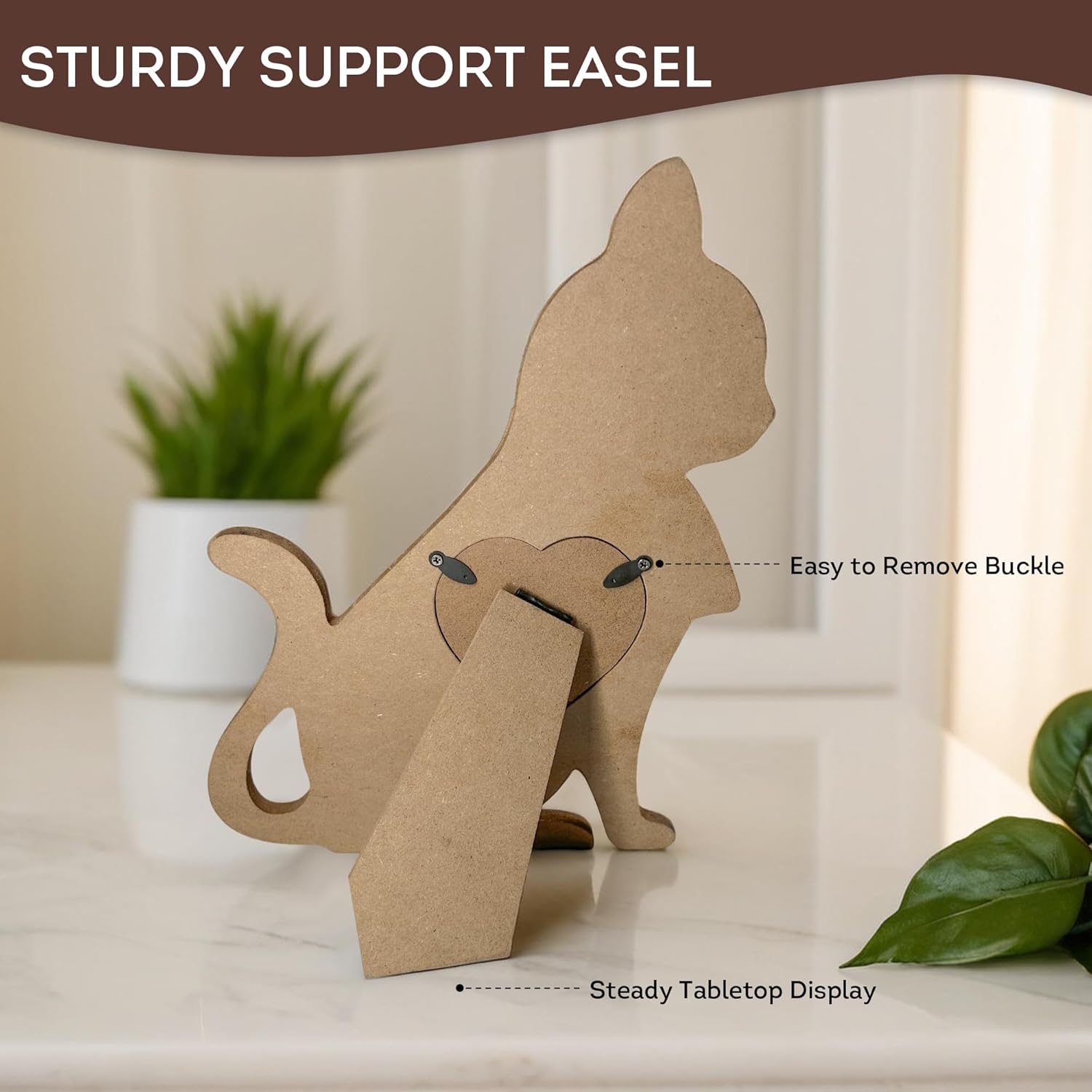 Lily's Home Cat-Shaped Wooden Photo Frame - 7.5'' x 11.8'' with Heart-Shaped 3.5'' x 3.5'' Slot - Sturdy Easel Stand & Ribbon - Ideal Picture Frame for Cat Lovers - Perfect Pet Memorial Gift - Image 5