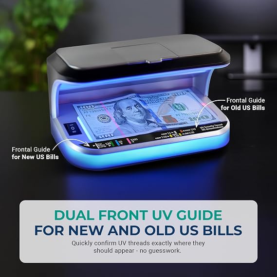 K440 Counterfeit Bill Detector, Professional Two UV Eco-Friendly LEDs, Magnetic Ink Sensor, Backlight for Watermark Detection, Built-in Magnifier for Money, Credit Cards and IDs