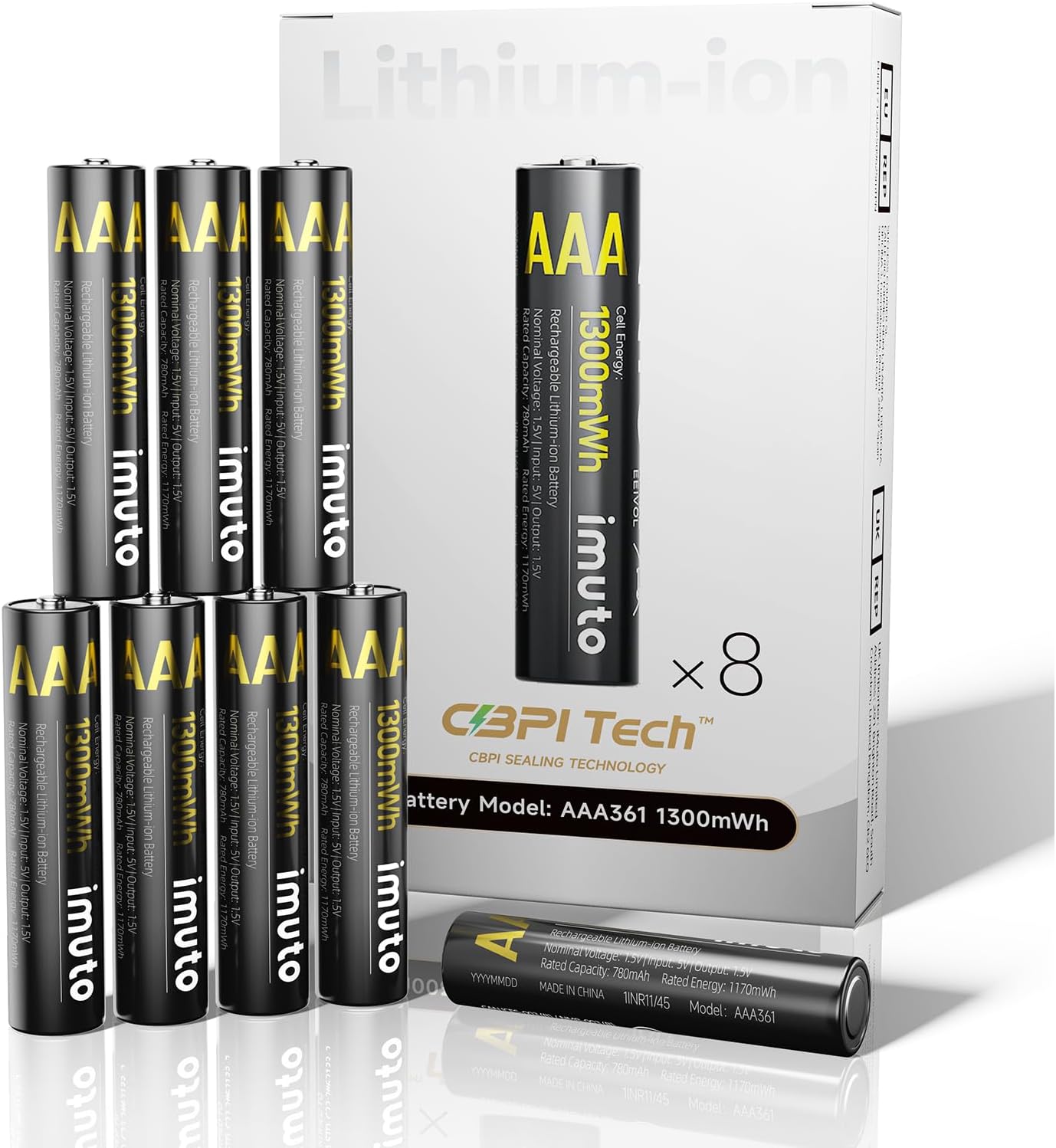imuto Wiederaufladbare Lithium Akkus AAA 8-Pack, 1300mWh Hohe Kapazität 1.5V AAA Batterien - Amazon product rated Grade C