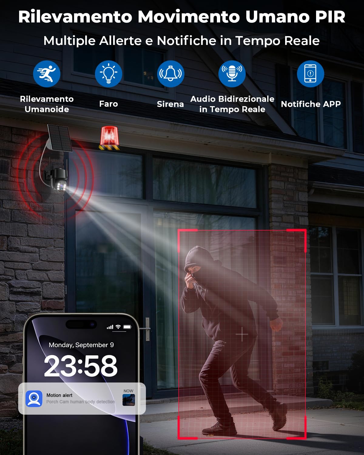 WESECUU Telecamera WiFi Esterna senza Fili Solare 2.5K 4MP con Pannello Solare 5W, Wi-Fi 2.4G e 5GHz, Registrazione Continua 24/7, Batteria 8000mAh, Monitoraggio Automatico PTZ a 360°, IP66, PIR
