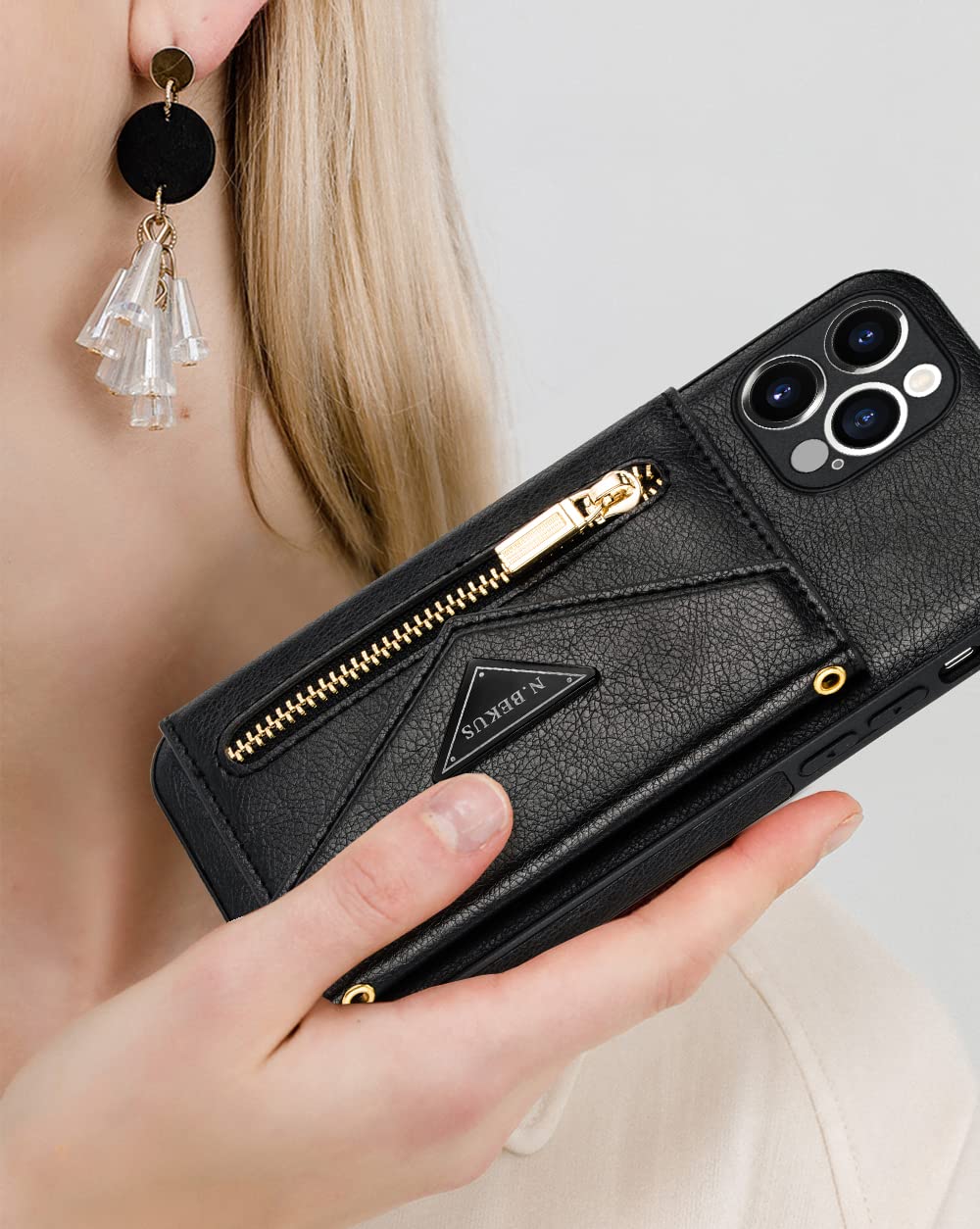 Custodia ibrida per iPhone 11 con portafoglio e cordino - Nera