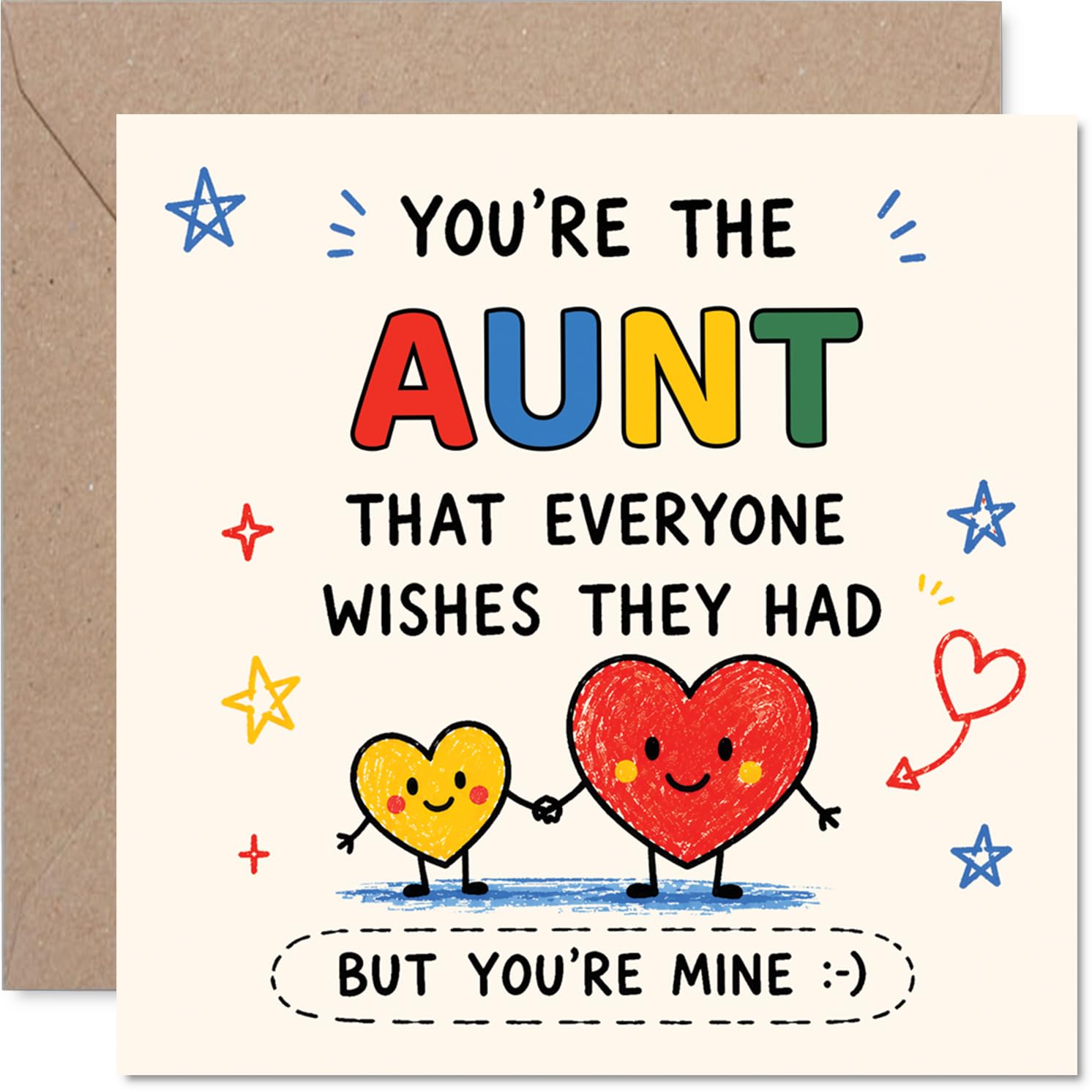 Playful Birthday Card for Aunt - Bursting with Love and Laughs - Colourful Hearts, Doodled Stars and a Cheeky Message, Mother's Day - 145mm Square, Envelope Included