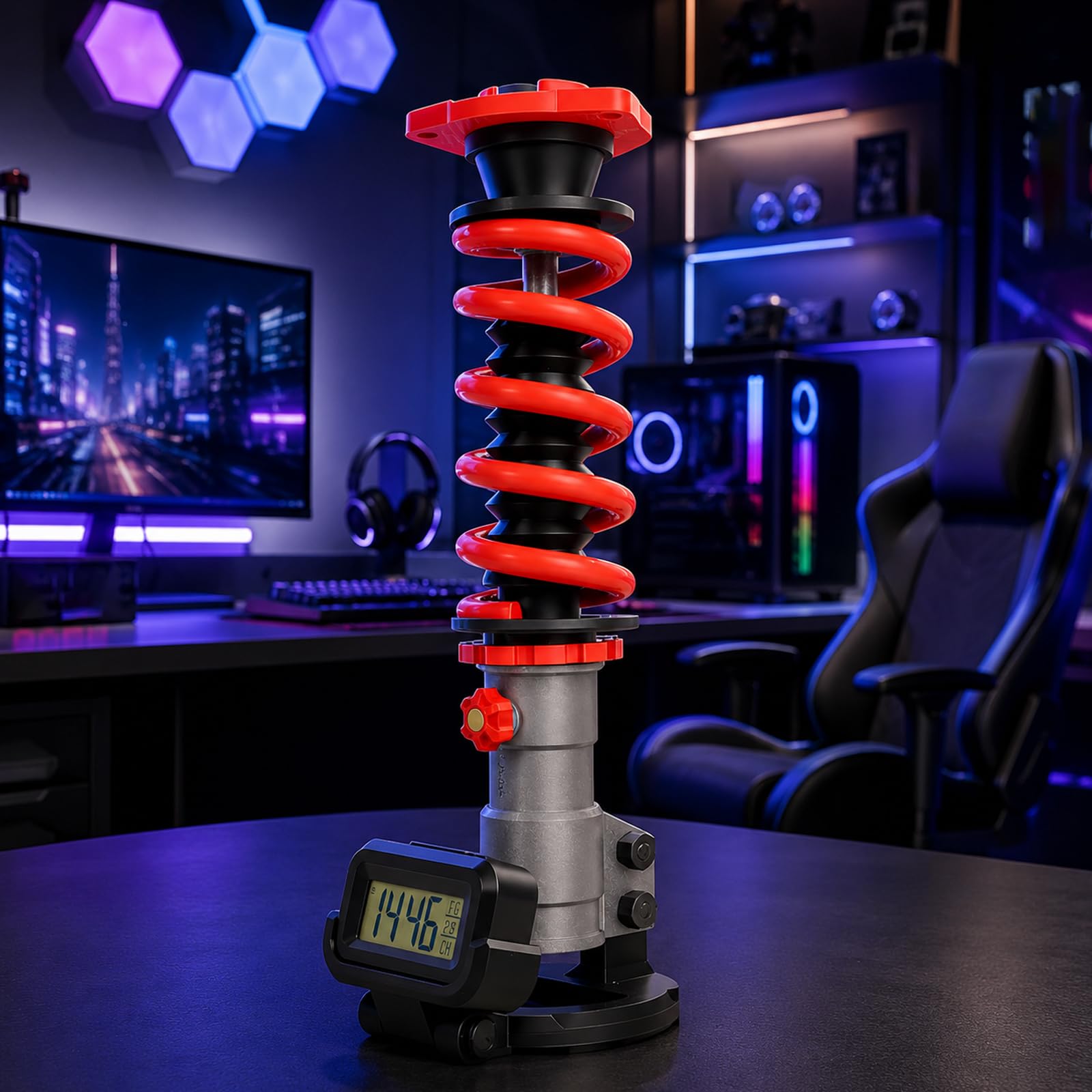 Lampada da tavolo con ammortizzatore stampato in 3D con orologio digitale, luce notturna a LED in stile industriale, tocco regolabile/3 colori chiari, luci ambientali per sala giochi fai da te, p red