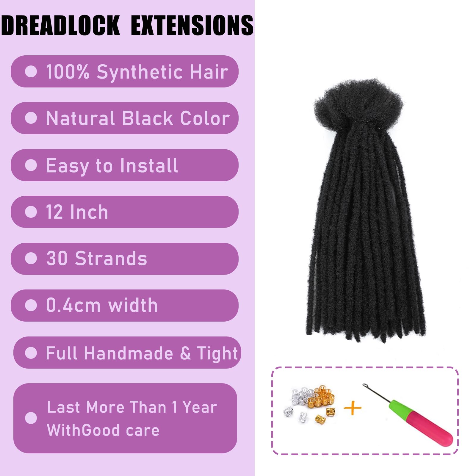 SHIHERESH Dreadlock Extensions Synthetic Hair 0.4cm Width 30 Strands Soft Dreads Extensions Dreads Loc Reggae Hippie Handmade Dreadlock Extensions for Women/Men(1B,12inch) - Image 2