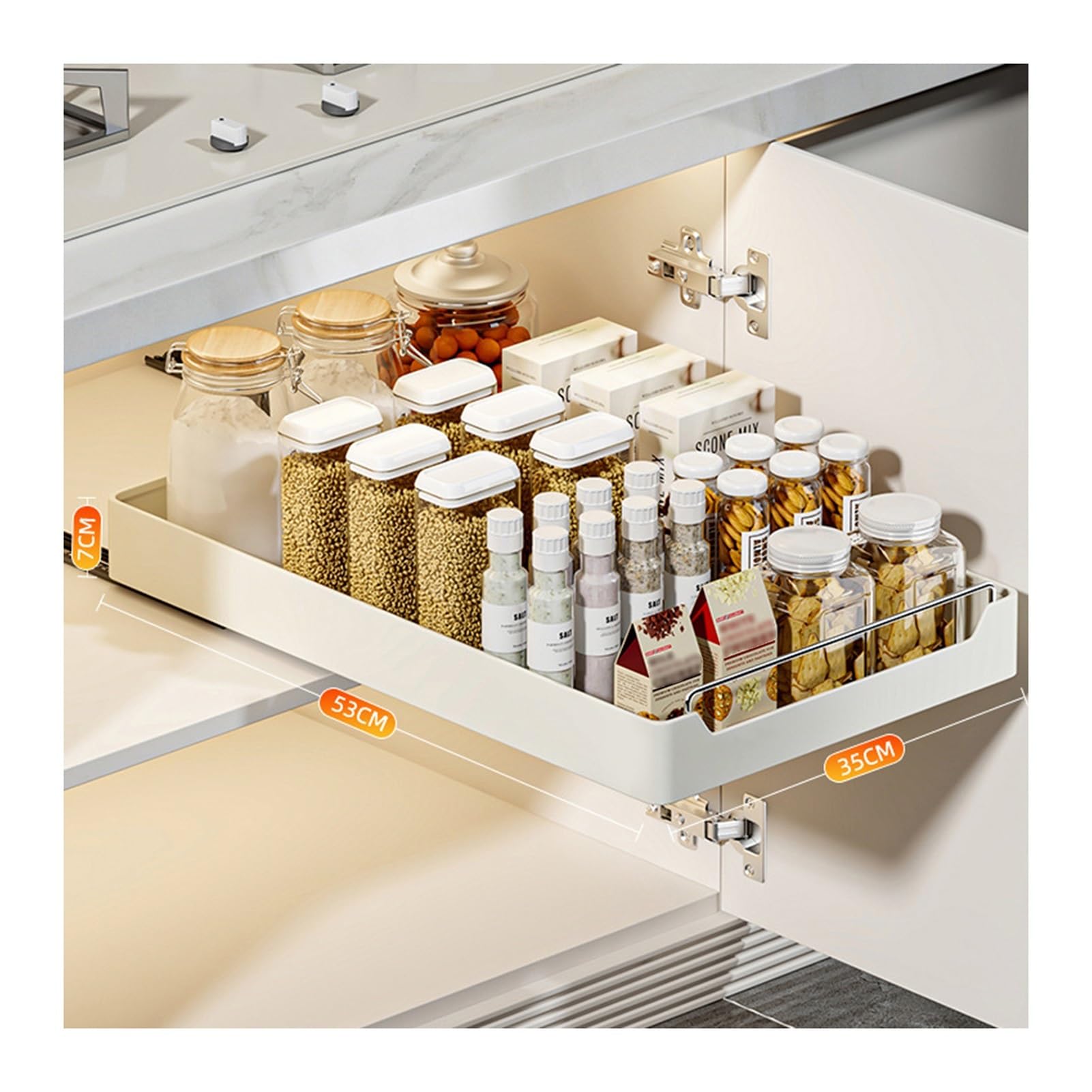 Ausziehbare Schublade Küche zum Kleben, 53 * 35 * 7cm | Teleskopschublade Küchenschrank Organizer Ausziehbar Kein Bohren und Nageln Erforderlich Es kann 15 kg wiegen