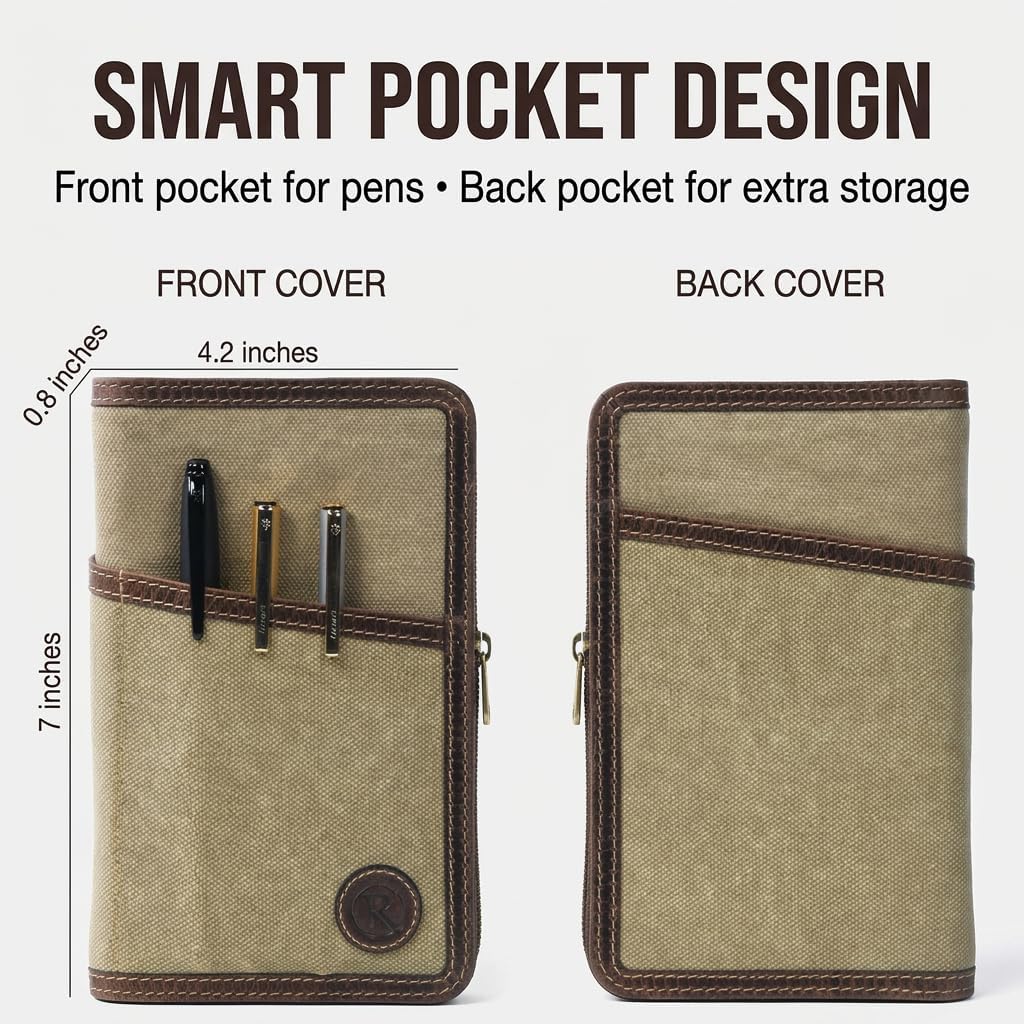 Rustique Field Notes Cover for Field notes Moleskine Cahier 3.5x5.5, Waxed Canvas and Leather YKK Zipper Journal Cover,Water Resistant Pocket Notebook Planner Travel Organizer