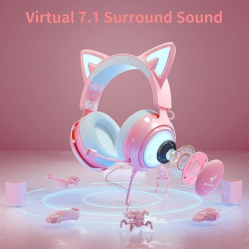 Miniatura 4 de Auriculares Rosa para Juegos GS510, Con Cable, Sobre la Oreja, Diseño de Orejas de Gato con Iluminación RGB, Sonido Envolvente 7.1, Micrófono