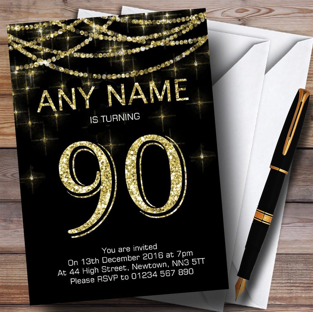 Black & Gold Sparkly Garland 90th Personalized Birthday Party Invitations