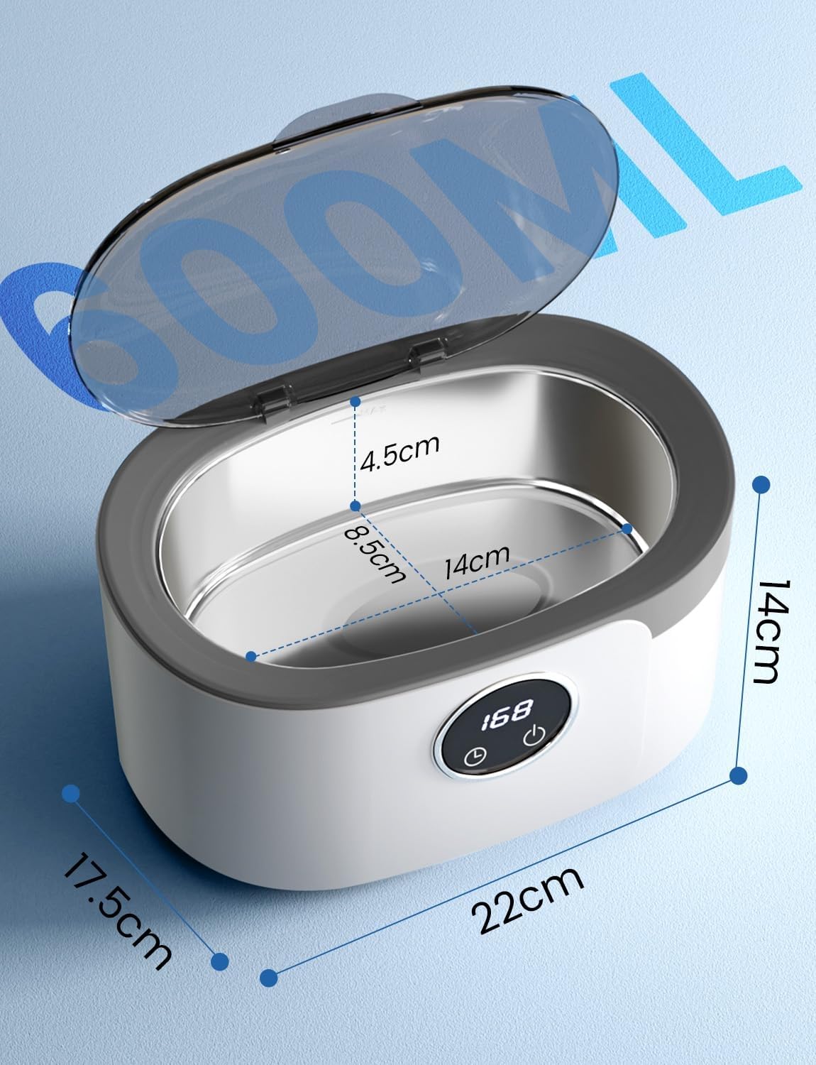 Nettoyeur Ultrasons 600ML, Nettoyeur Ultrasons Lunettes 50000Hz Nettoyant Bijoux Argent avec 5 Réglages de Temps, pour Bijoux, Montres, Lunettes