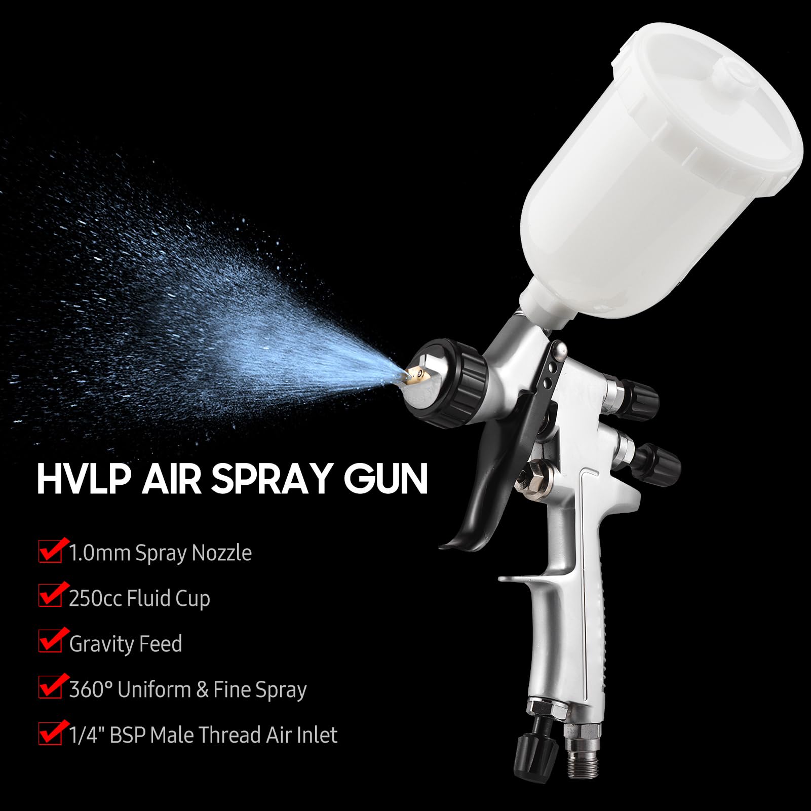 Opryskiwacz HVLP Opryskiwacz HVLP Pistolet Natryskowy Dysza 1,0 Mm Pistolet Natryskowy Pneumatyczny Zasilany Grawitacyjnie o Pojemności 250 Cm3 Regulowany Przepływ z