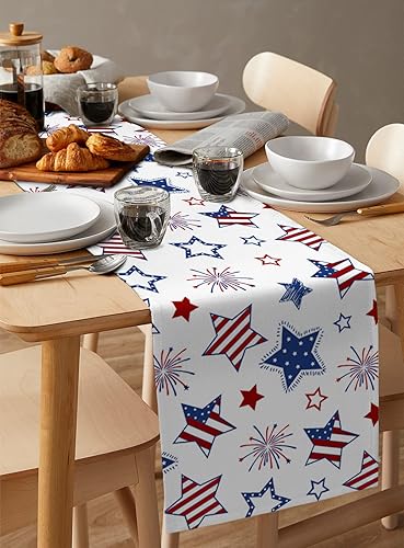 Miniatura 6 de Camino de mesa para el Día de la Independencia, decoración de mesa de arpillera azul, rojo y blanco, estrellas y rayas, bandera de Estados Unidos,