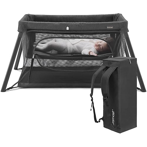 2 in 1 Portable Travel Crib for Toddler, Foldable Crib for Baby, Lightweight Playpen Collapsible Playard with Soft Mattress, Easy to Carry Baby Travel Bed for Outdoor, Indoor (Black)