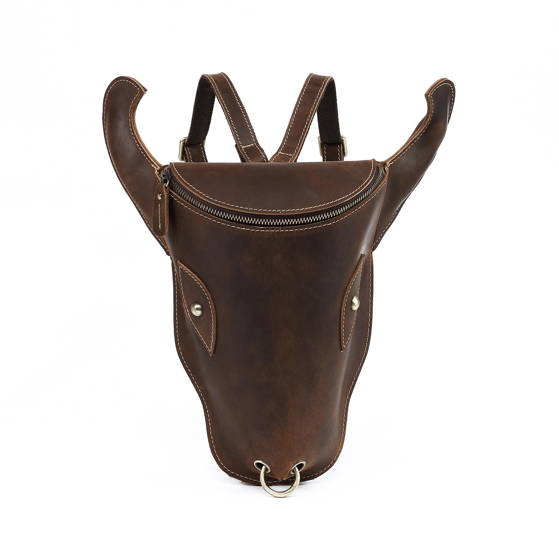 AIGUONIU Genuine Leather Retro Cow Head Shaped Backpack- For Travel or Hiking (Coffee)