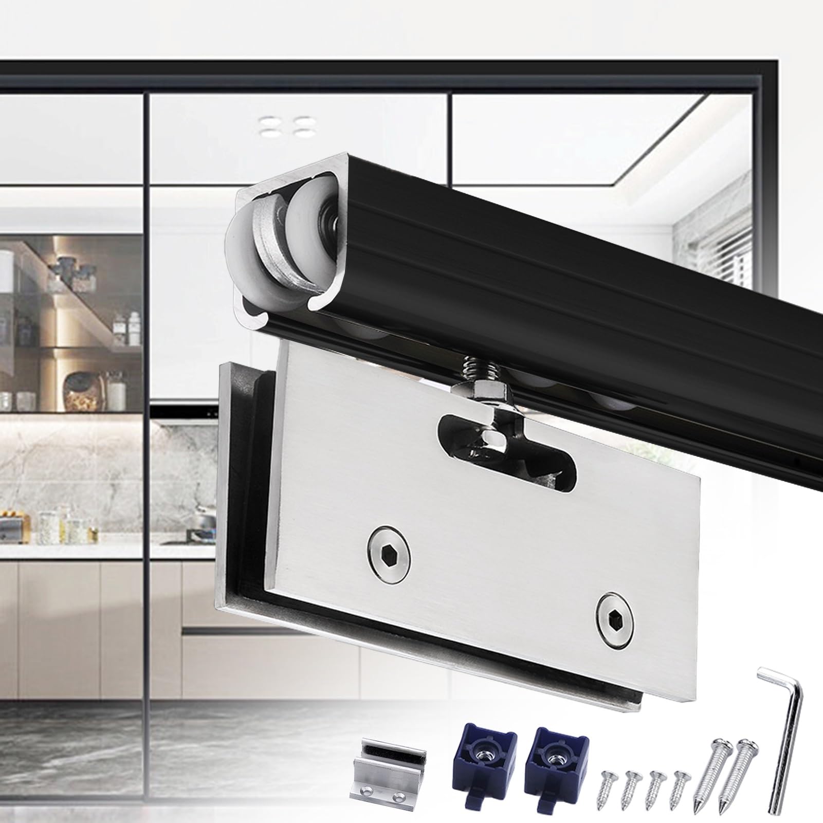 PALSINBY Sliding Glass Door Track Kit, Sliding Patio Glass Door Hardware Kit For 0.39-0.47 in(Black,80in (203.2cm))
