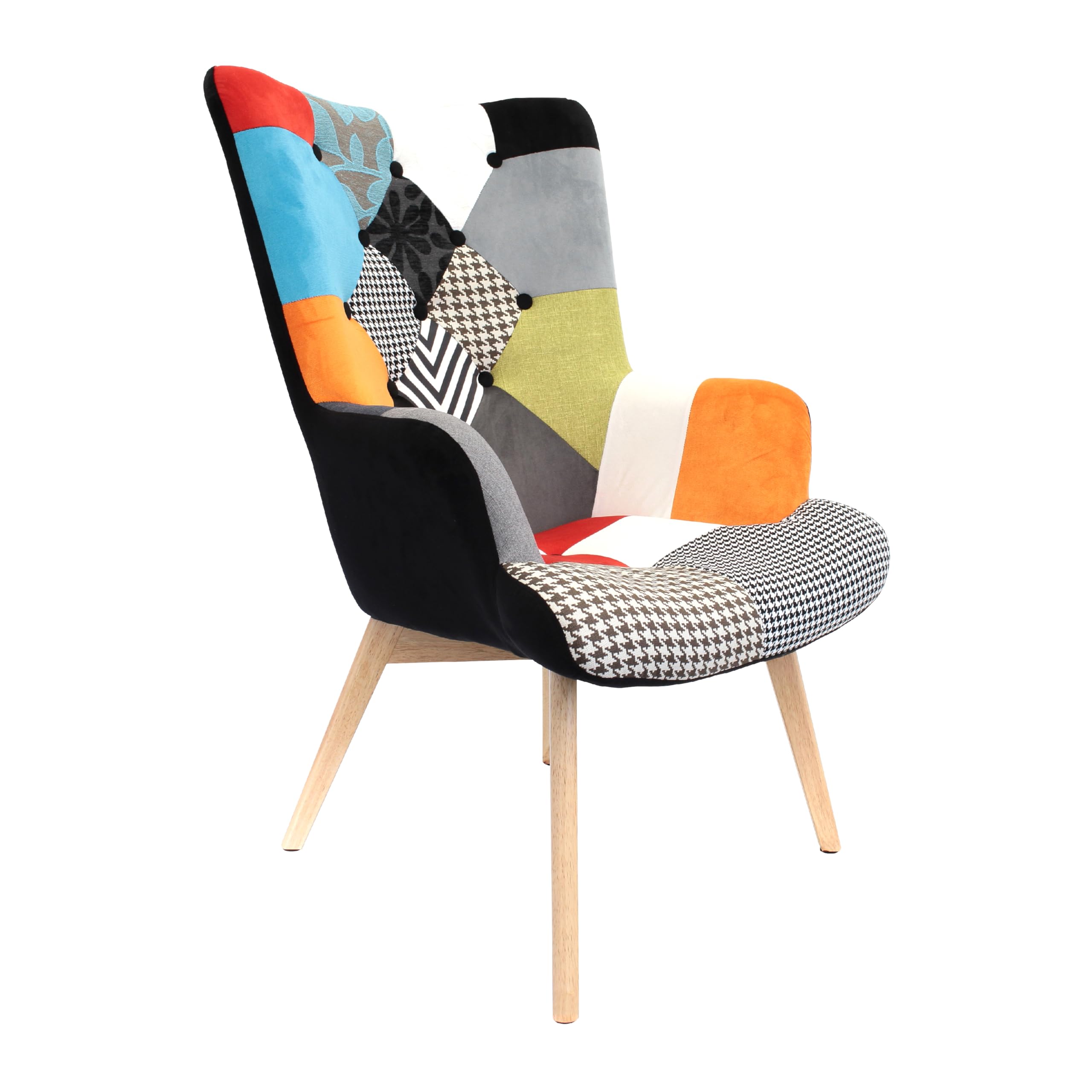HOME DECO FACTORY Bilderrahmen-Set 10-teilig Verschiedene Größen Schwarz | Sessel aus Holz, Metall und Stoff im Patchwork-Stil, skandinavisches, bequeme Sitzfläche, Wohn-/Esszimmer, 66x99,5x72cm