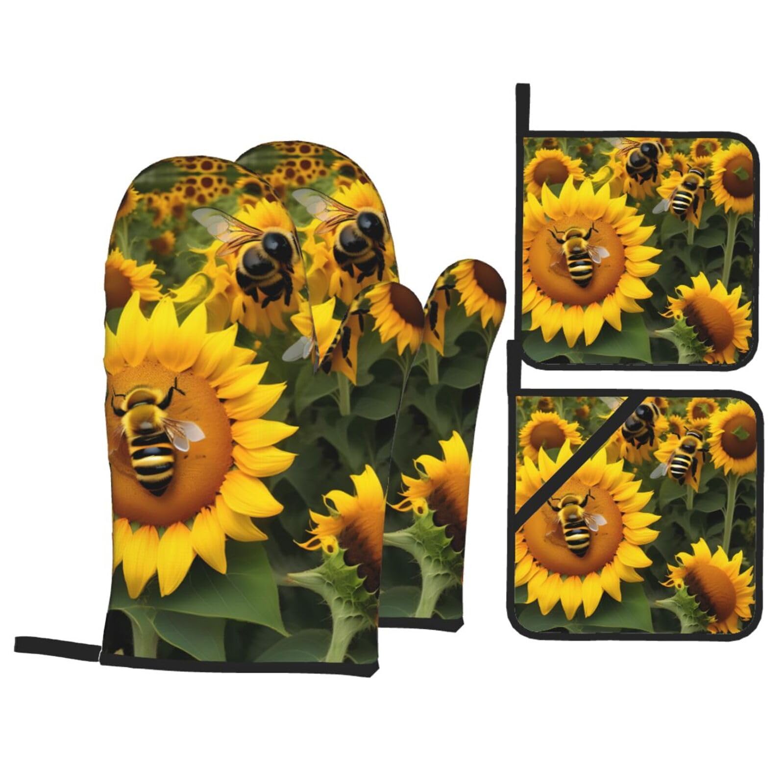 Nimongt Black Sunflower Bees Print Heat-Resistant 4-Piece Oven Kitchen Gloves For Baking Cooking Microwaving Essentials