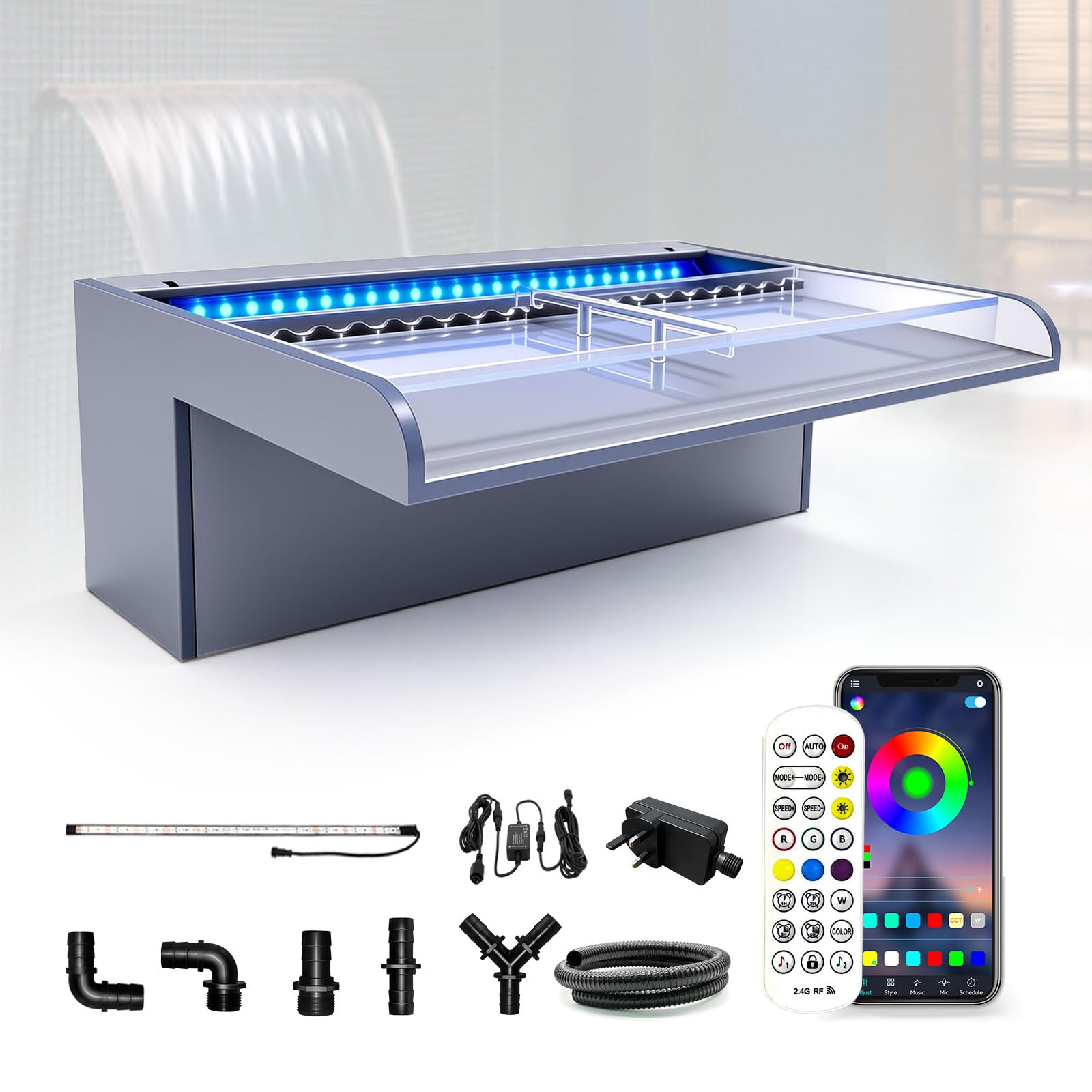 LONGRUN 30cm Pond Waterfall Blade with Bluetooth RGB LED Light, Acrylic Complete Waterfall & Stream Kits