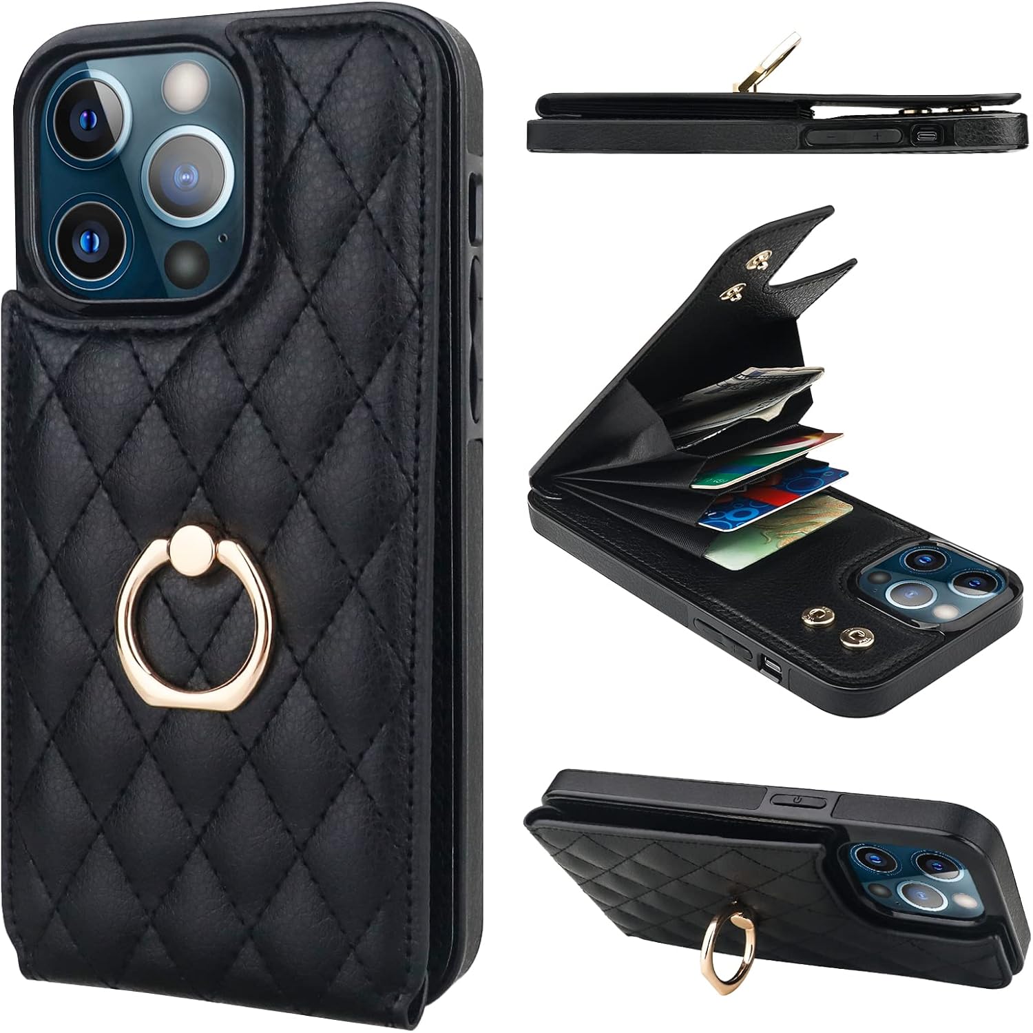 Folosu Compatible with iPhone 13 Pro Max Case Wallet with Card Holder, 360°Rotation Finger Ring Holder Kickstand RFID Blocking PU Leather Double Buttons Flip Cover 6.7 Inch Black