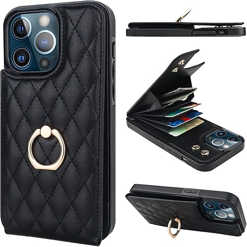 Folosu Funda compatible con iPhone 13 Pro Max con soporte para tarjetas, rotación de 360, soporte de anillo de dedo con función atril, bloqueo RFID,