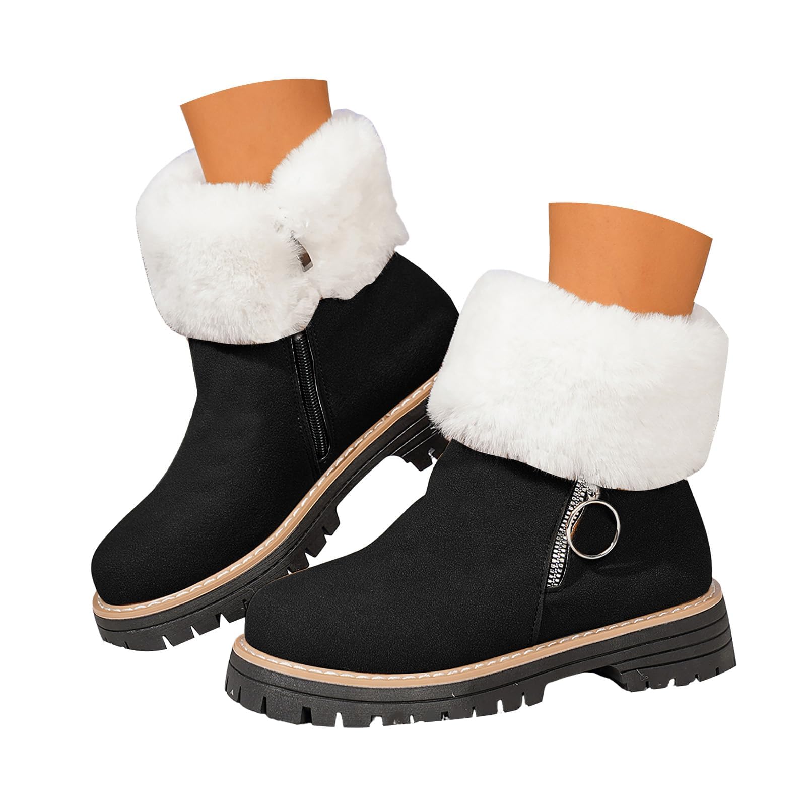 Comfortable Mid Chunky Heel Boot Slip On Ankle Boots Non-slip Wide Calf Booties with Zipper Womens Round Toe