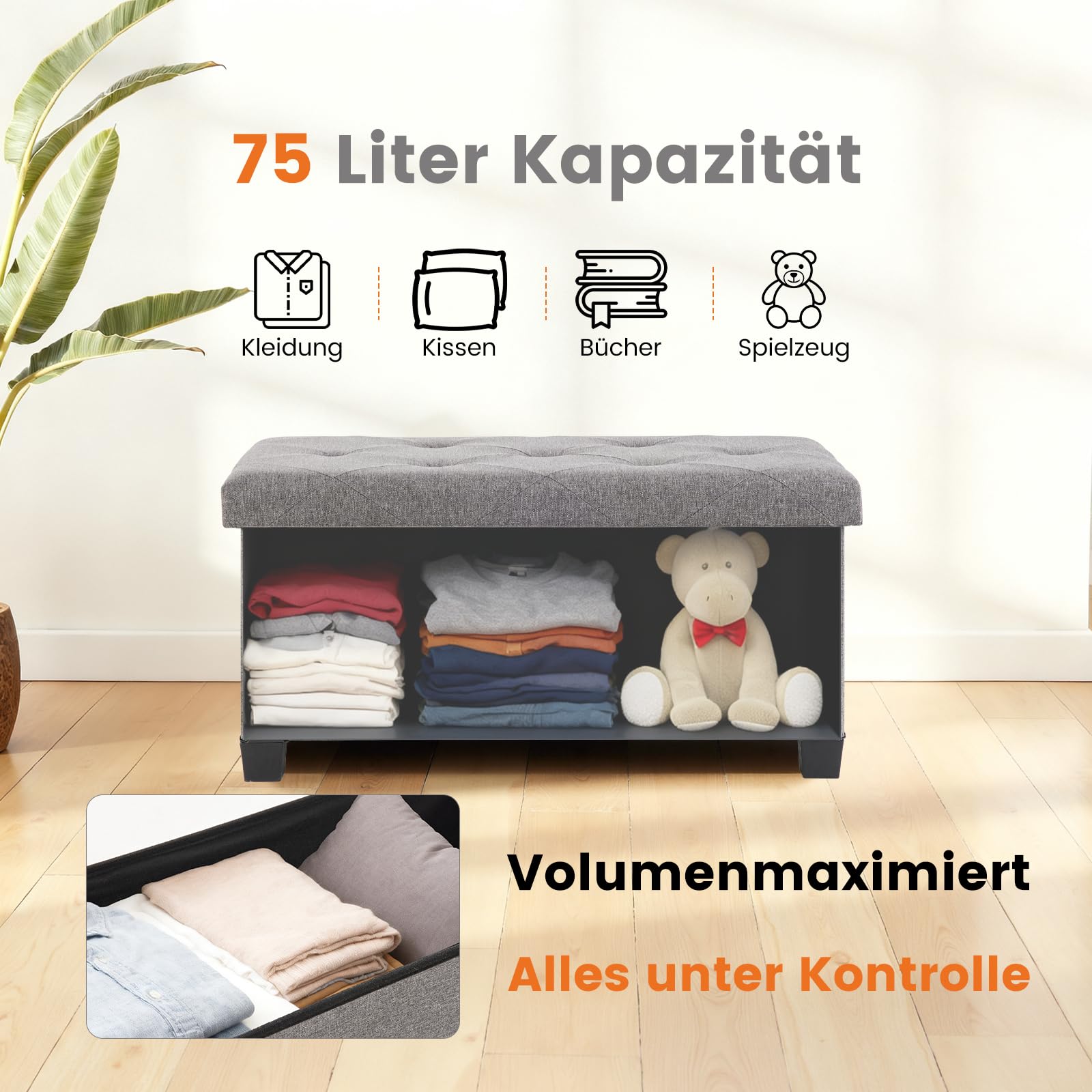 Sweetcrispy Banco con Espacio de Almacenamiento, Banco con Patas, 76 x 38 x 38 cm, Plegable, Caja de Almacenamiento con Tapa, soporta hasta 300 kg, para salón, Dormitorio, Pasillo, Gris Oscuro