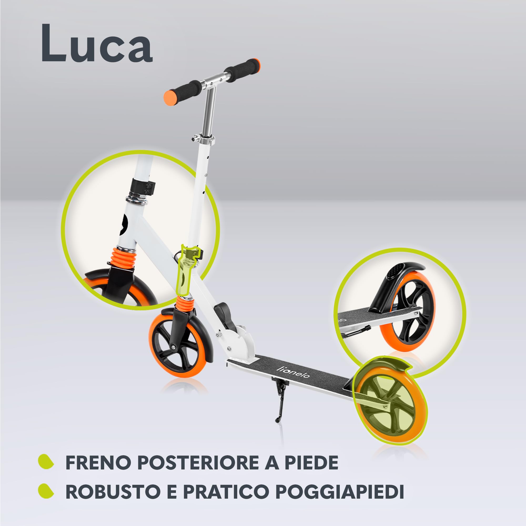 LIONELO LUCA Monopattino pieghevole per Bambini e adulti fino a 100kg, Regiolable e leggero solo 4kg, Costruzione solida, Ruote 20cm, Ammortizzatori ShockResist, Freno posteriore, Antiscivolo