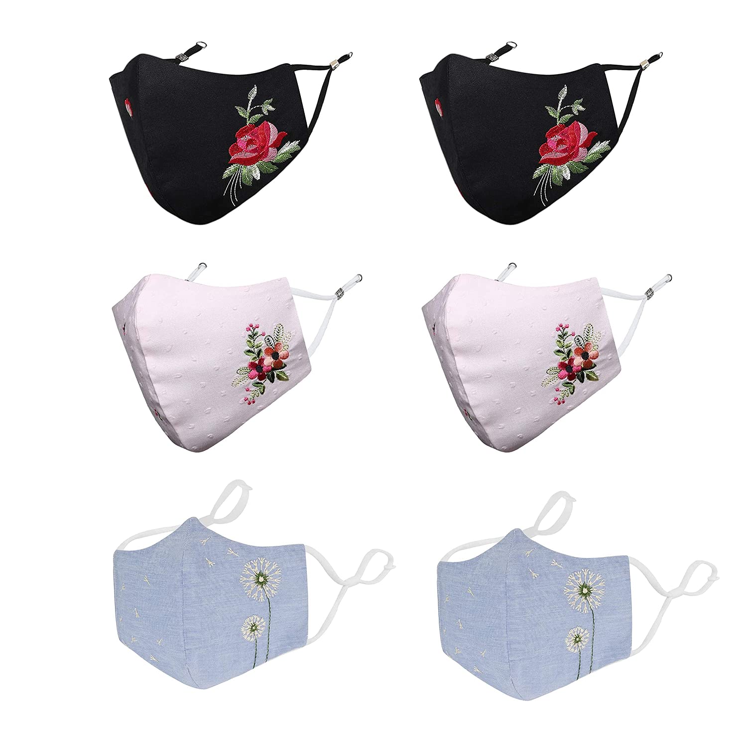 MASQ By Q-One Floral 4 Layer, Reusable, with Ear Adjusters, Anti-Bacterial (BFE>99%) Embroidered Cotton Cloth Face Mask Combo for Women, Girls (Medium, Black-Blue-Pink, Pack of 6)-picture-1