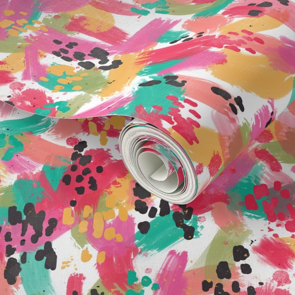 Peel & Stick Wallpaper 3ft x 2ft - Bright Brushtrokes Splatter Turquoise Green Pink Black Yellow Red Teal Abstract 80S Colors Paint Custom Removable Wallpaper by Spoonflower