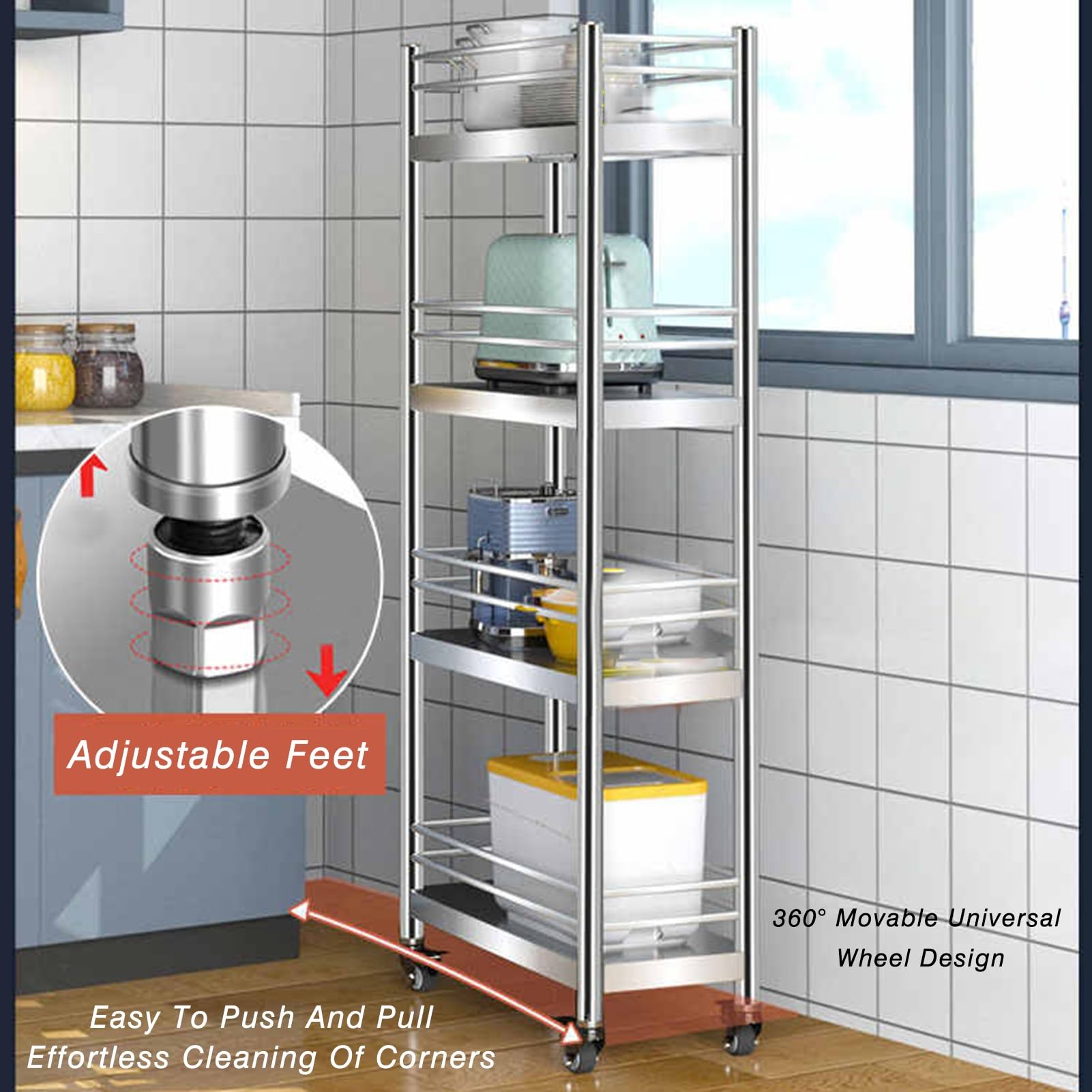 Carrello portaoggetti sottile con 4 ruote dei freni, a 3 ripiani, stretto, per bagno e lavanderia, salvaspazio, 102 x 60 x 20 cm
