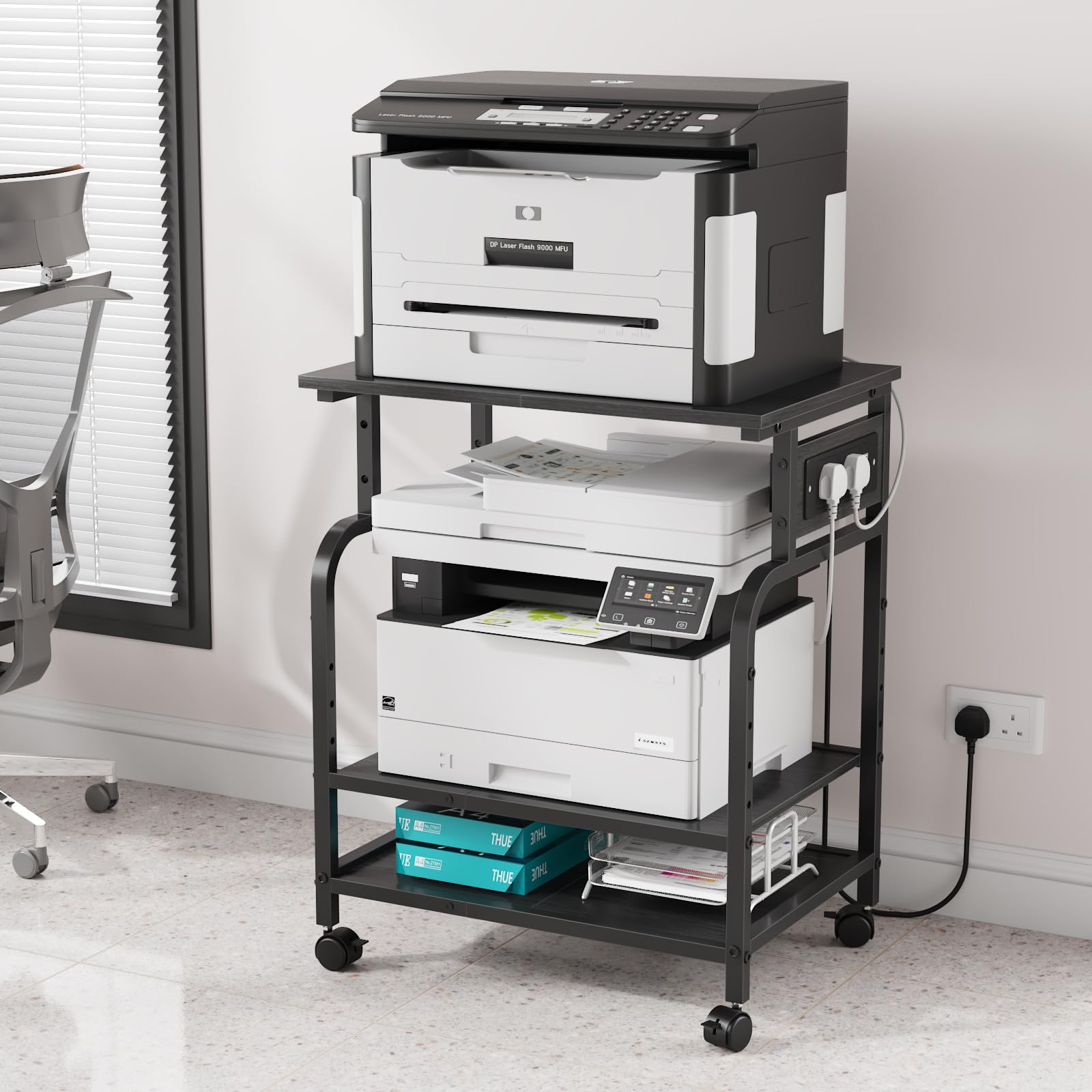 OYRREU 3-Tier Rolling Printer Stand with Outlets, Printer Table with Charging Station, Adjustable Storage Shelf Cart for Office, 3D Printers, Heat Press (Black)