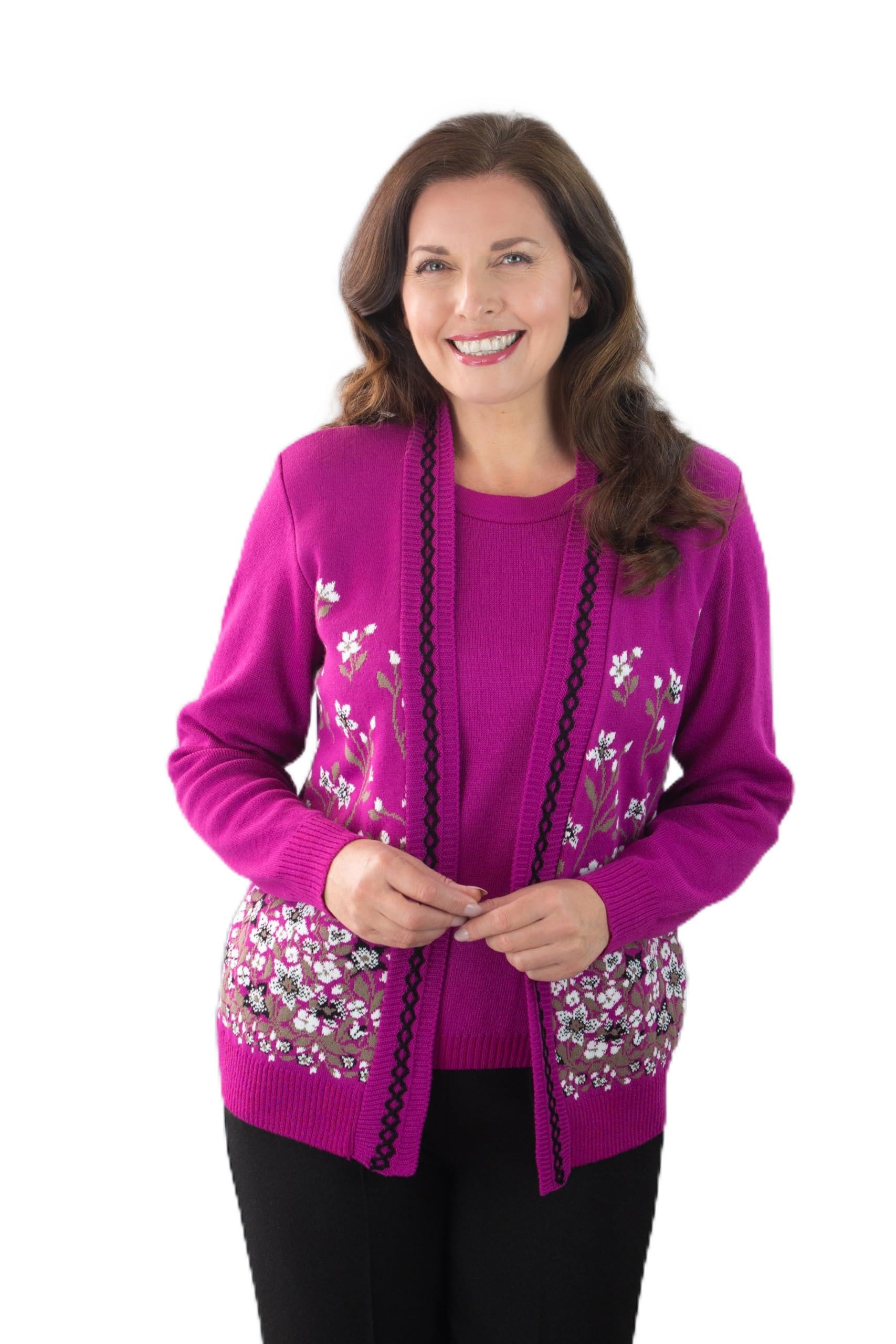 Fashion Friendly Ladies Flower Twin Cardigan - Magenta 3XL