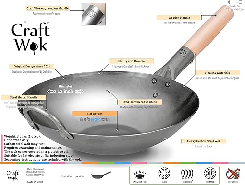 Miniatura 2 de Craft Wok Wok plano de acero al carbono martillado a mano con mango auxiliar de madera y acero (12 pulgadas, parte inferior plana) 731W316-12