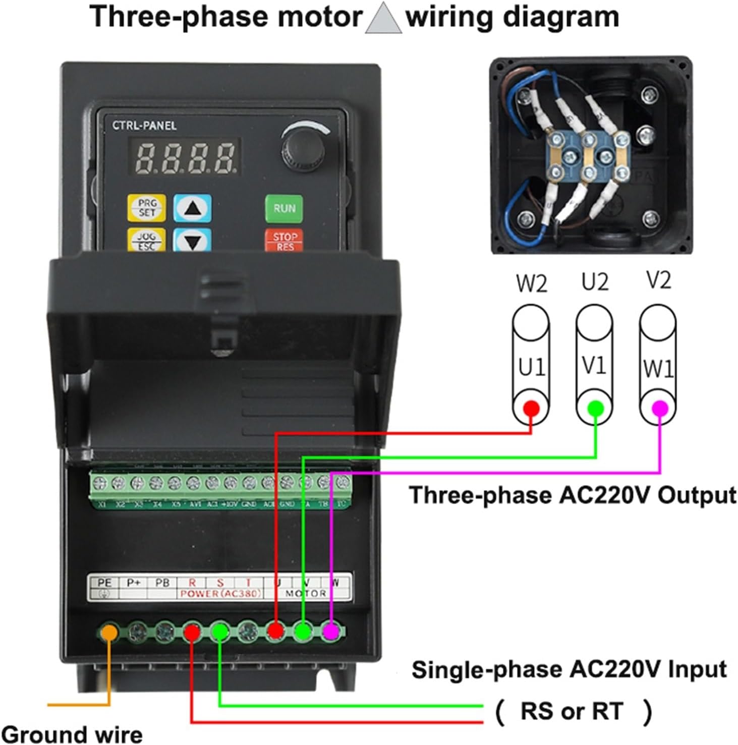 Wiring diagram for a three-phase motor with single-phase AC220V input to the VFD.