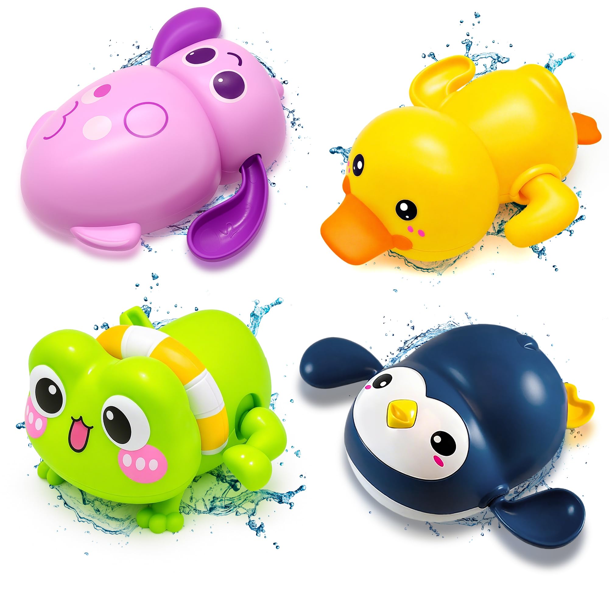 Chennyfun Juguete Baño Bebe, 4 Pez Juguetes Bañera para Bebe de 1 2 3 Año, Juegos de Agua Baño, Bañera Animales Flotante Juguetes-Pingüino Rana Pato Calamar, Juego de Ducha Piscina para Niño Niña