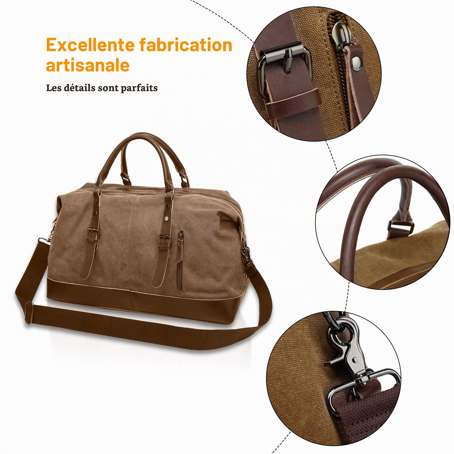 FANDARE Sac de Toile Main et Bandoulière - Sac de Voyage et Sport pour Hommes et Femmes - Week-End, Camping, Randonnée, Loisirs - Marron L