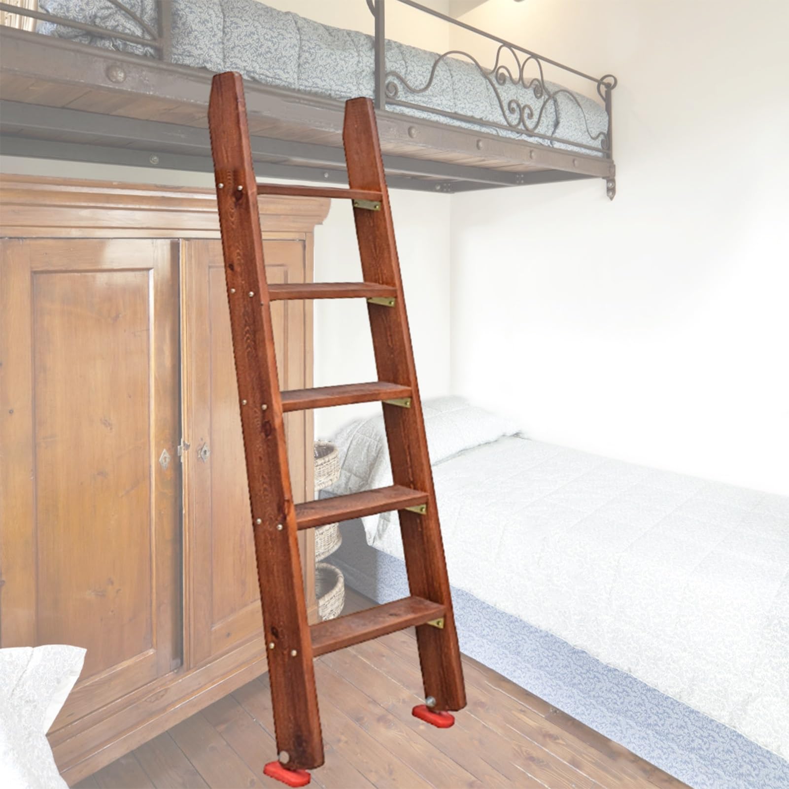 Drewniana drabina boczna, stojąca drabina na łóżko piętrowe z antypoślizgowymi gumowymi podkładkami pod stopy, wielofunkcyjna drabina loft, 149/150 cm wysokości
