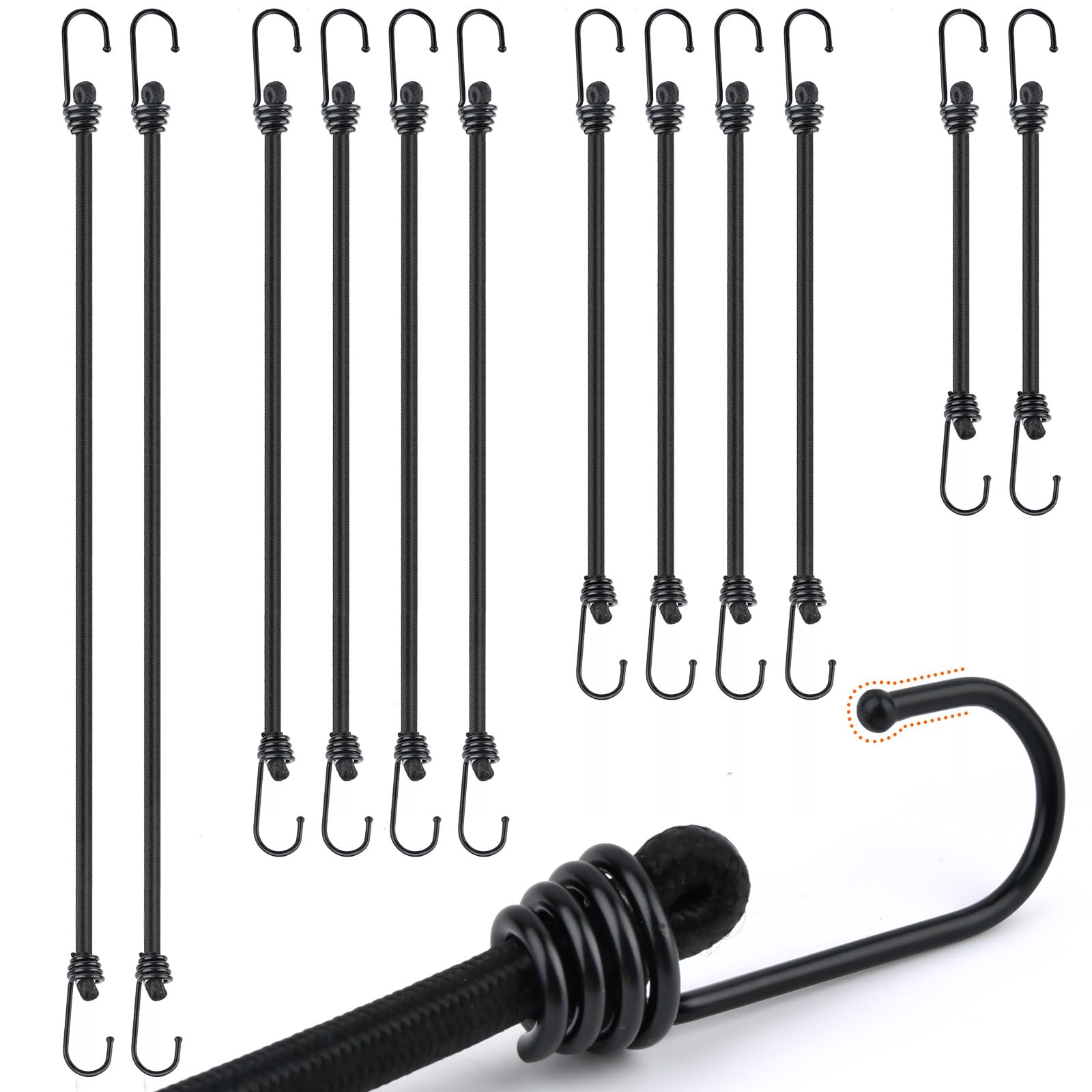 HUMOKI Bungee Cords with Hooks, 12 PCS Multi-Purpose Elastic Bungee Straps, Heavy Duty Bungee Cords with Hooks, Elastic Straps with Hooks, for Luggage Tents Bikes Camping - Black - 98.5/69/46.5/32cm