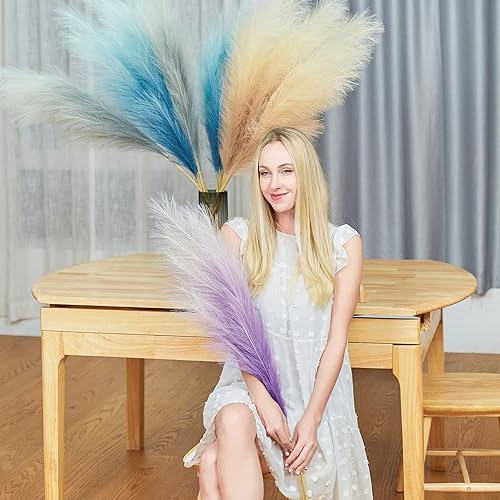 Miniatura 7 de Decoración de hierba sintética de pampas, 6 tallos de hierba artificial de las pampas, 43 pulgadas de alto, arreglo floral bohemio grande pomposo,