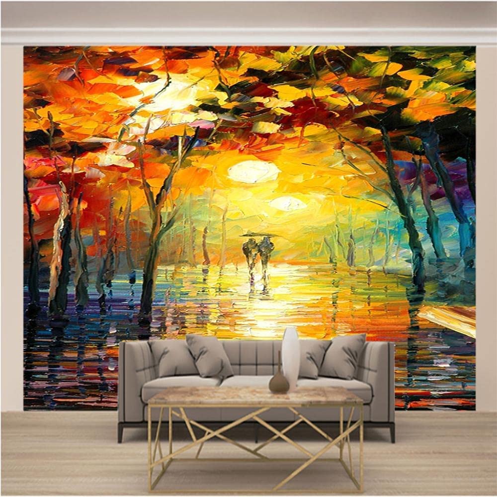 Arte Moderno 3D Mural Wallpaper, Vista Posterior De La Pareja En La Noche Lluviosa Murales De Pared 3D Espacio Grande Papel Tapiz Decoración Pinturas, Sala De Estar Tv Bar Ktv 350(ancho)x256(alto)cm