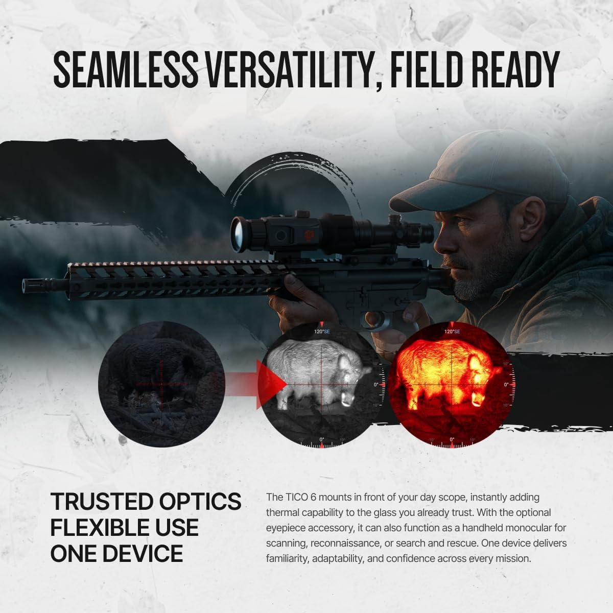 ATN Tico 6 Thermal Imaging Clip-On System – 6th Gen Engine, 50Hz, SharpIR AI, Wi-Fi Connect 6, 64GB, IP67, QD Mount