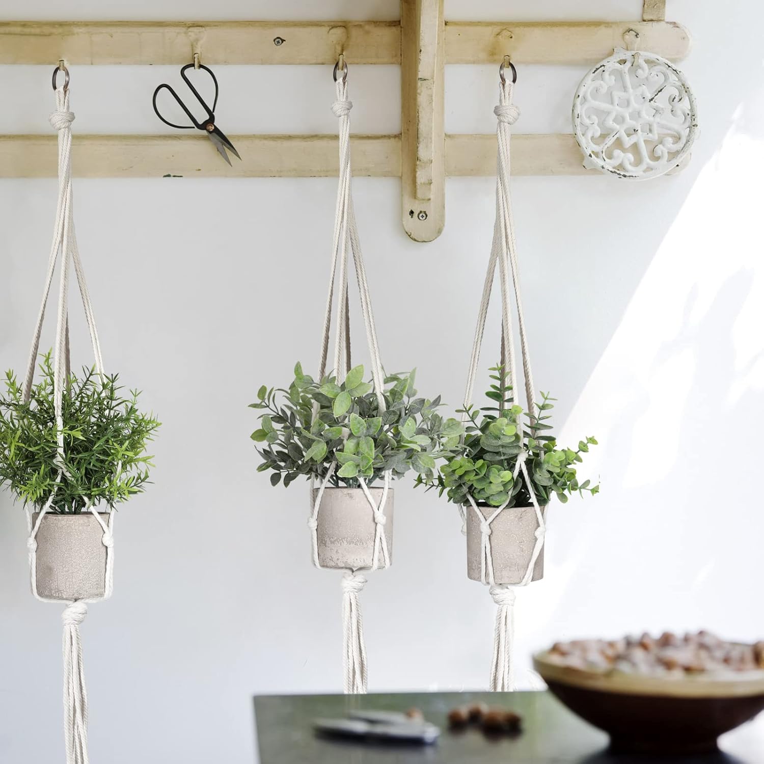 Artificial Plants 3 Pack Mini Fake Plants Fake Hanging Plants Artificial Decor with 3 Macrame Plant Hangers Decorative Plants Faux Hanging Plants Greenery Decor for Wall Kitchen Bathroom Home Office